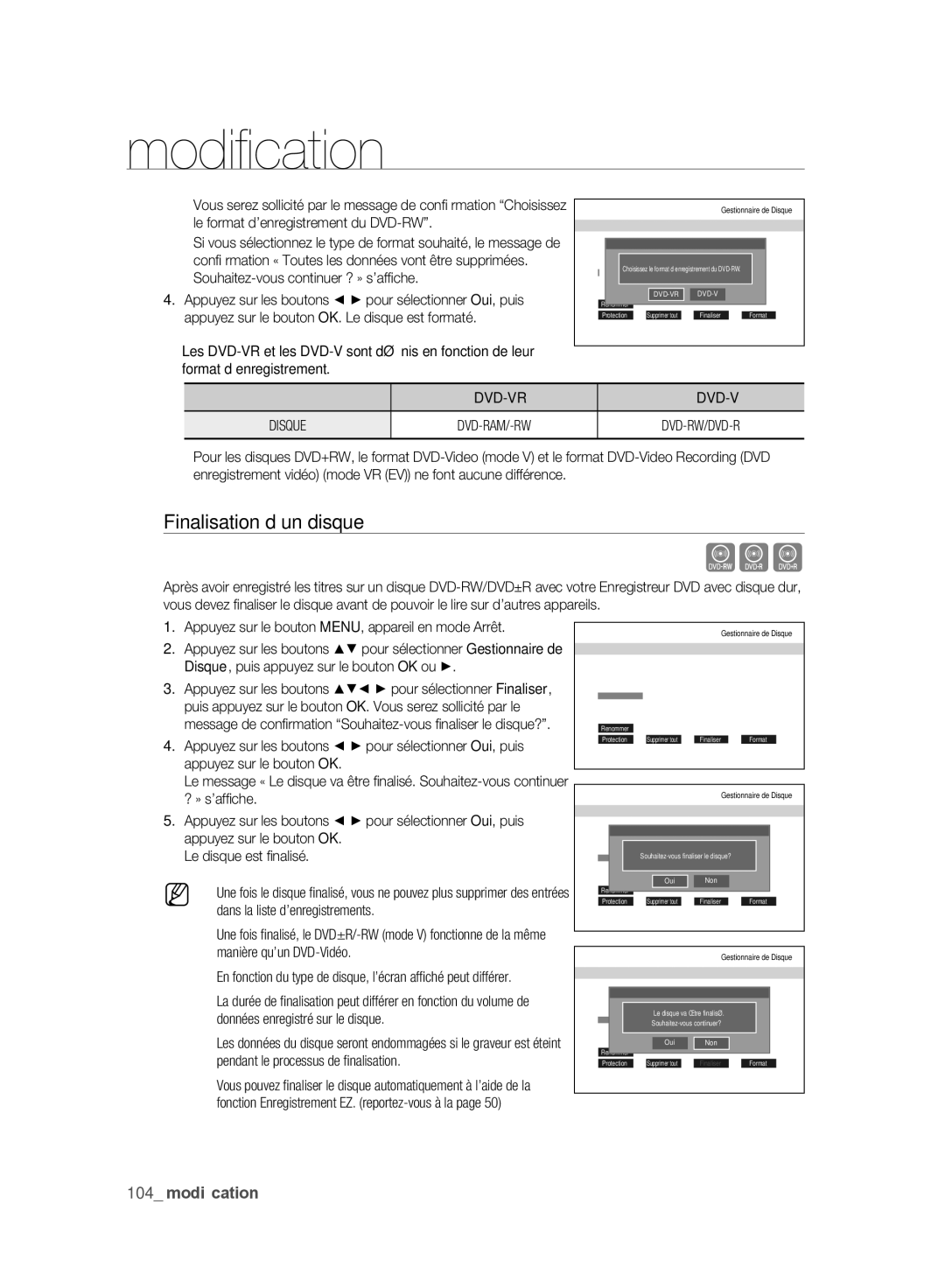 Samsung DVD-SH893/XEF manual Cvl, Finalisation d’un disque, DVD-VR Disque, Disque, puis appuyez sur le bouton OK ou 