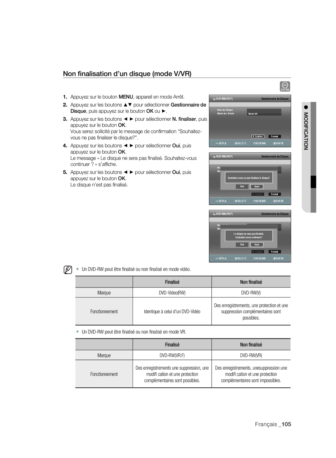 Samsung DVD-SH895/XEF, DVD-SH897/XEF, DVD-SH893/XEF manual Non ﬁnalisation d’un disque mode V/VR, Dvd-Rwvrf 