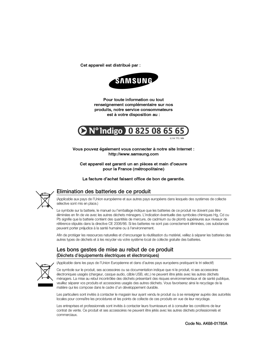 Samsung DVD-SH897/XEF manual Elimination des batteries de ce produit, Les bons gestes de mise au rebut de ce produit 