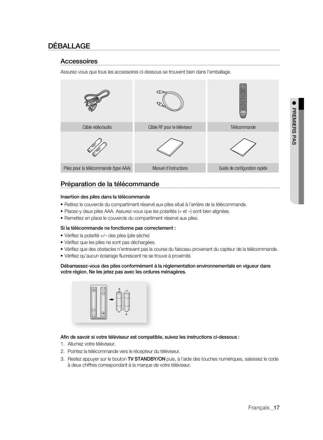 Samsung DVD-SH893/XEF, DVD-SH895/XEF manual Déballage, Accessoires, Préparation de la télécommande, Manuel d’instructions 