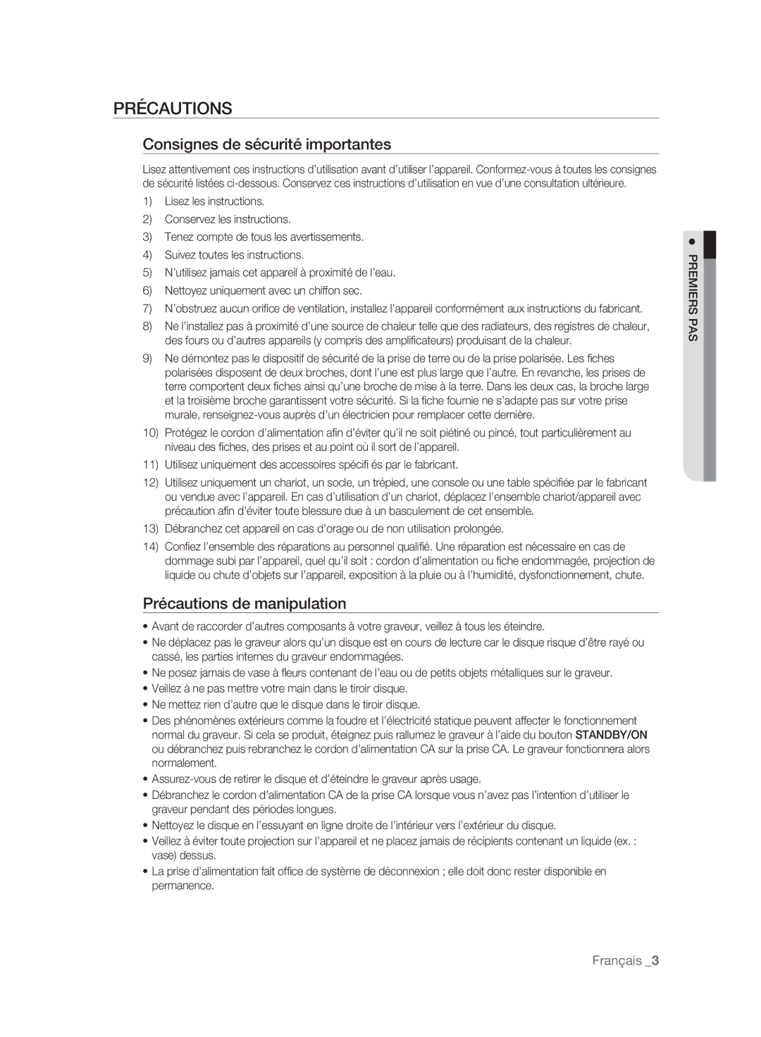 Samsung DVD-SH895/XEF, DVD-SH897/XEF manual Consignes de sécurité importantes, Précautions de manipulation, Premiers PAS 