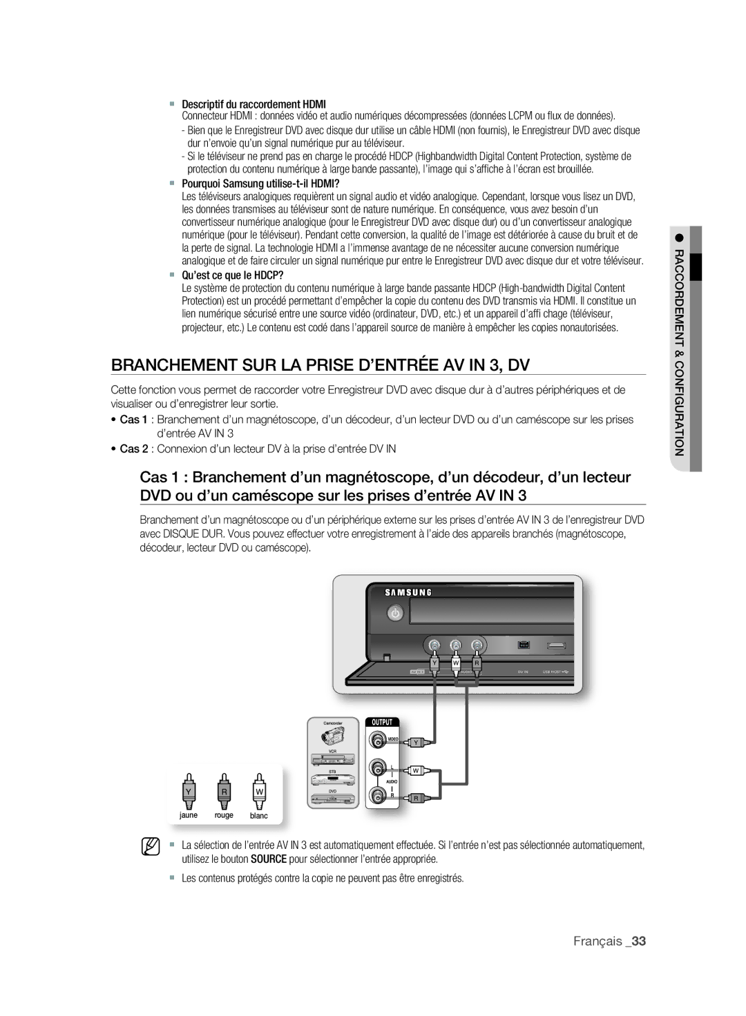 Samsung DVD-SH895/XEF, DVD-SH897/XEF manual Branchement SUR LA Prise D’ENTRÉE AV in 3, DV,  Descriptif du raccordement Hdmi 