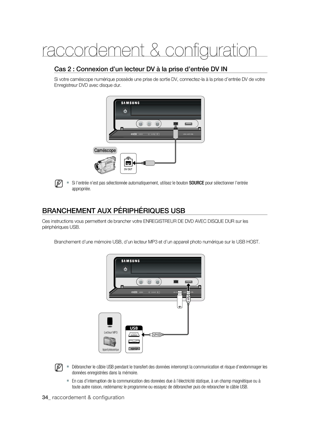 Samsung DVD-SH897/XEF manual Branchement AUX Périphériques USB, Cas 2 Connexion d’un lecteur DV à la prise d’entrée DV 