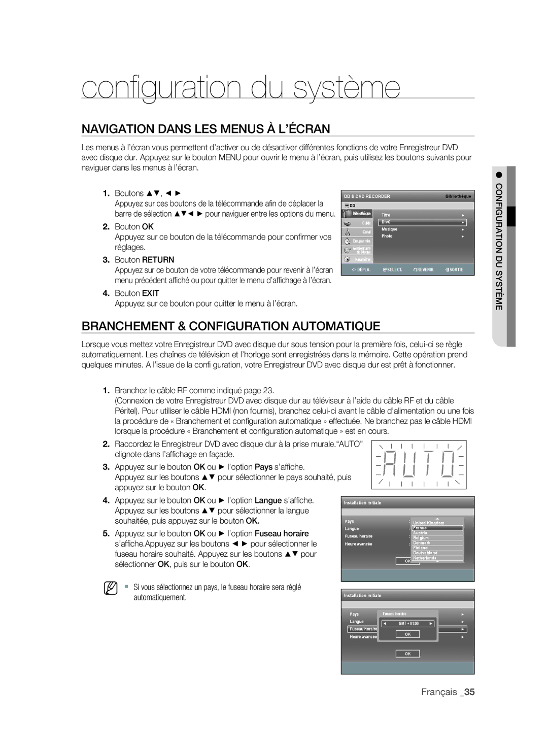 Samsung DVD-SH893/XEF manual Navigation Dans LES Menus À L’ÉCRAN, Branchement & Configuration Automatique, Bouton Return 