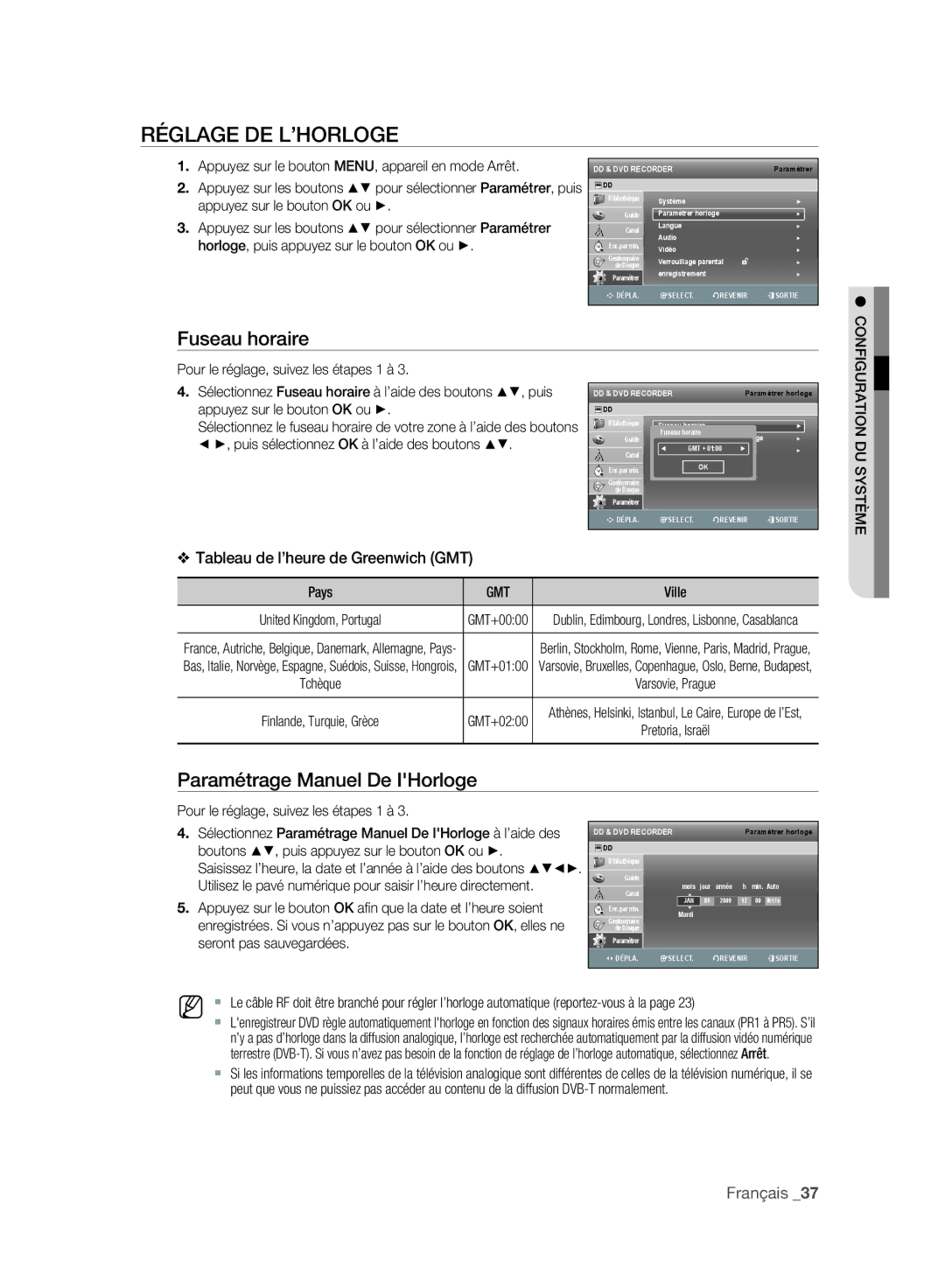 Samsung DVD-SH897/XEF manual Réglage DE L’HORLOGE, Fuseau horaire, Paramétrage Manuel De IHorloge, Seront pas sauvegardées 