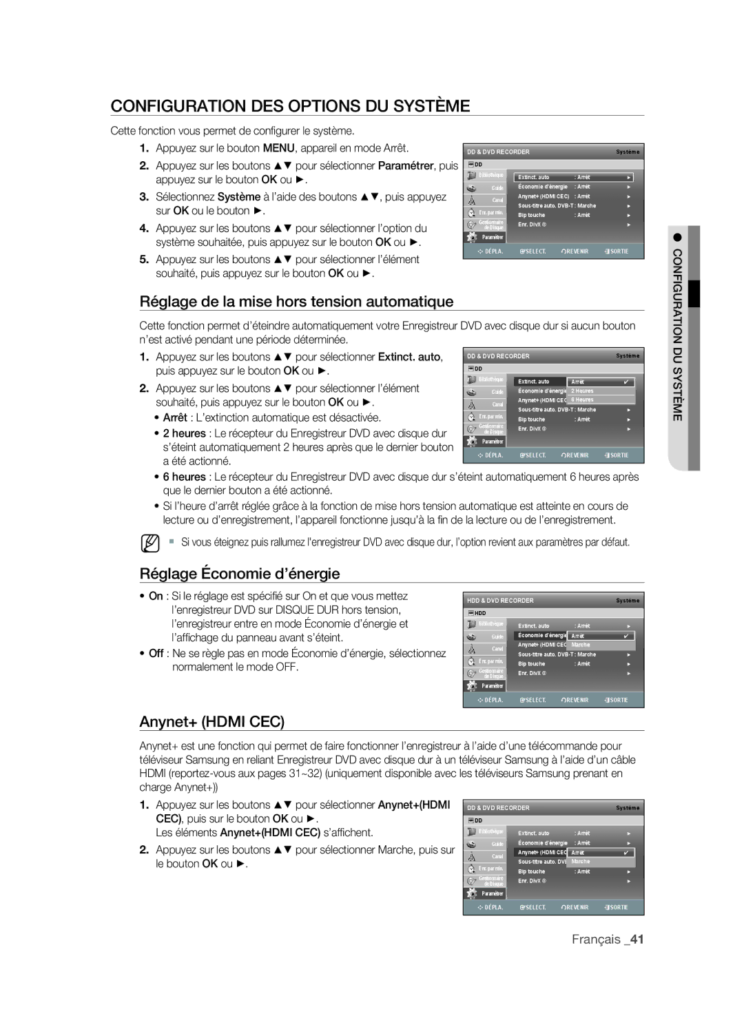 Samsung DVD-SH893/XEF Configuration DES Options DU Système, Réglage de la mise hors tension automatique, Anynet+ Hdmi CEC 