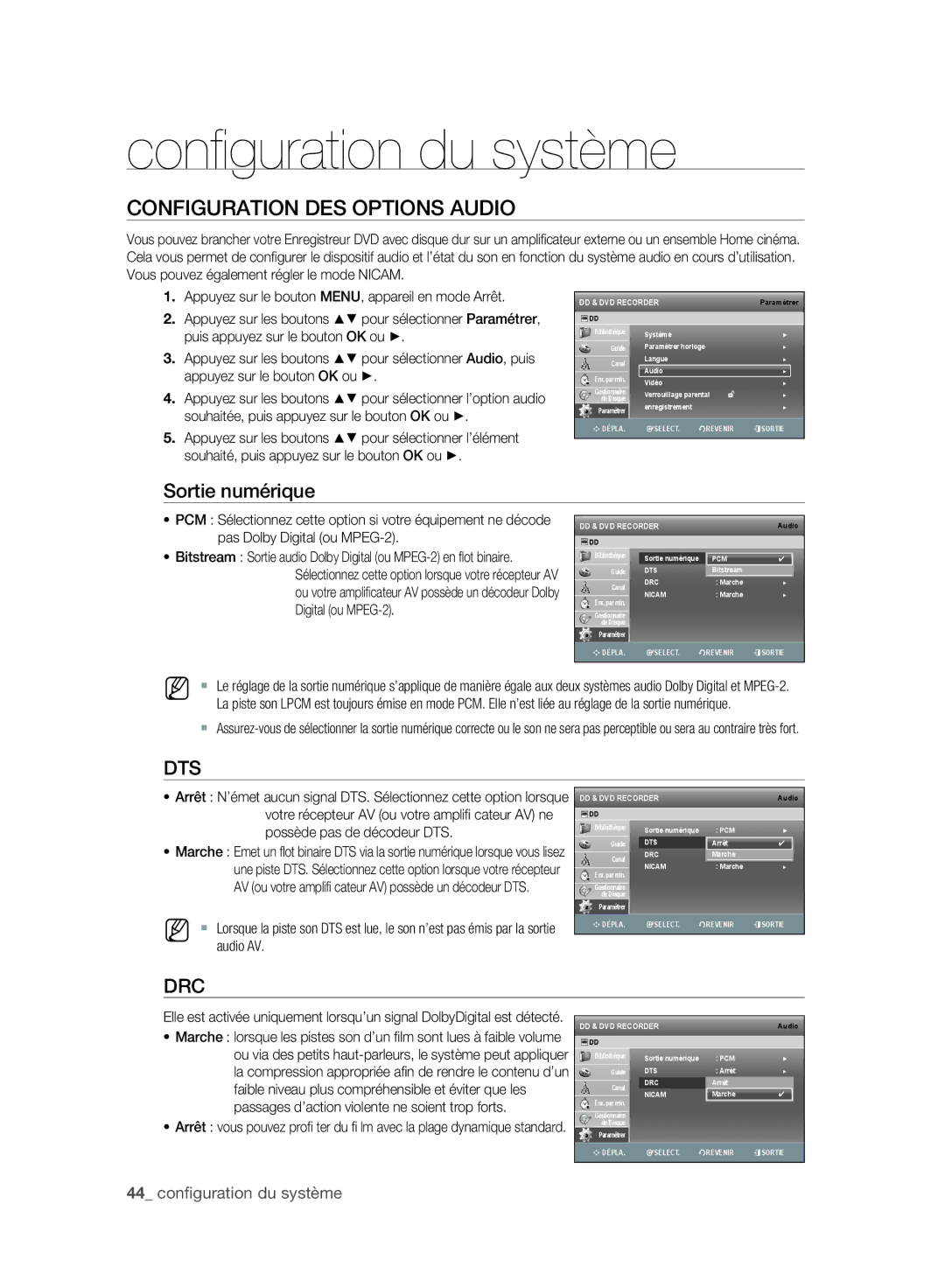 Samsung DVD-SH893/XEF manual Configuration DES Options Audio, Sortie numérique, Souhaitée, puis appuyez sur le bouton OK ou 