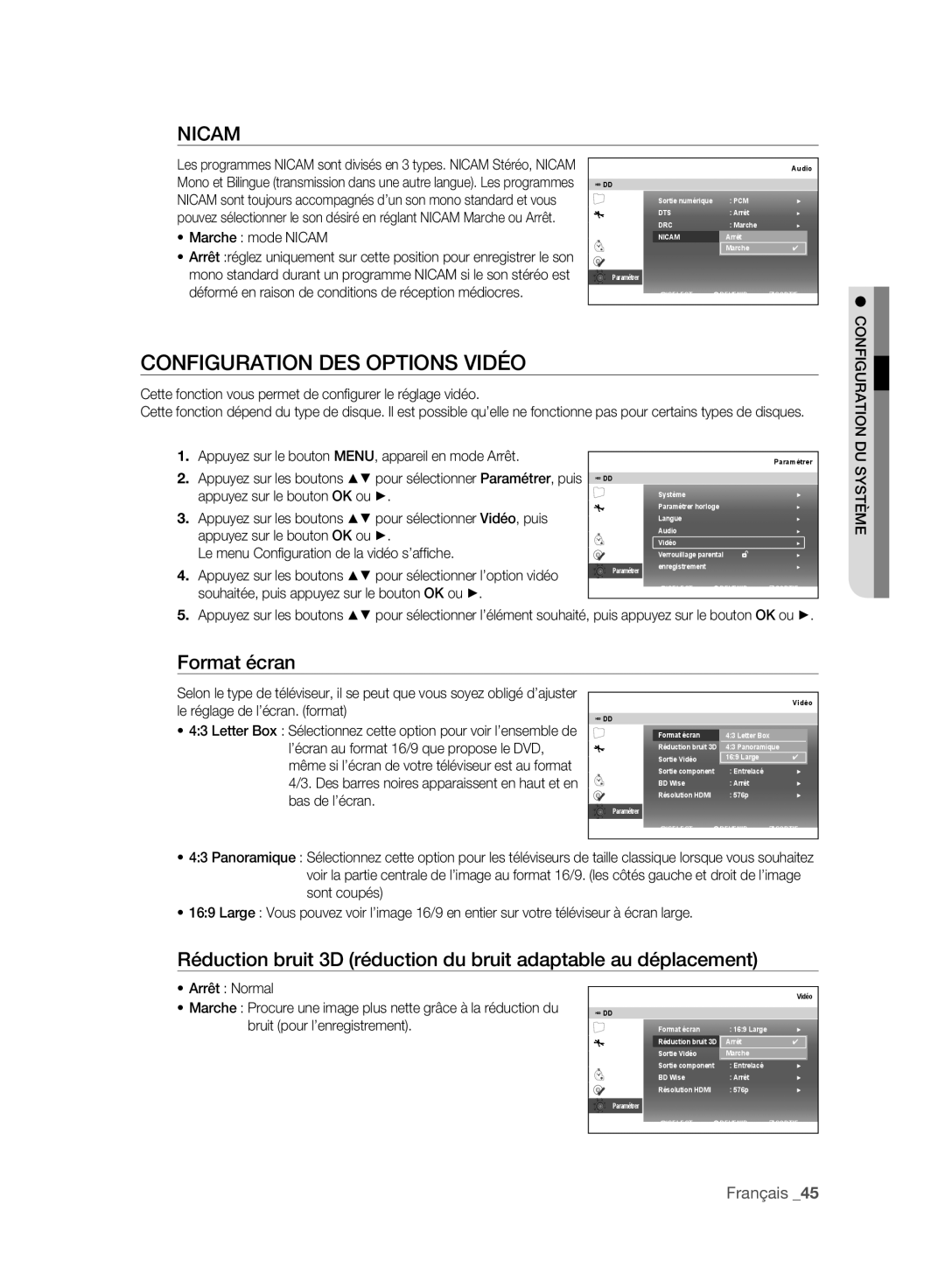 Samsung DVD-SH895/XEF manual Configuration DES Options Vidéo, Format écran, Le réglage de l’écran. format, Bas de l’écran 