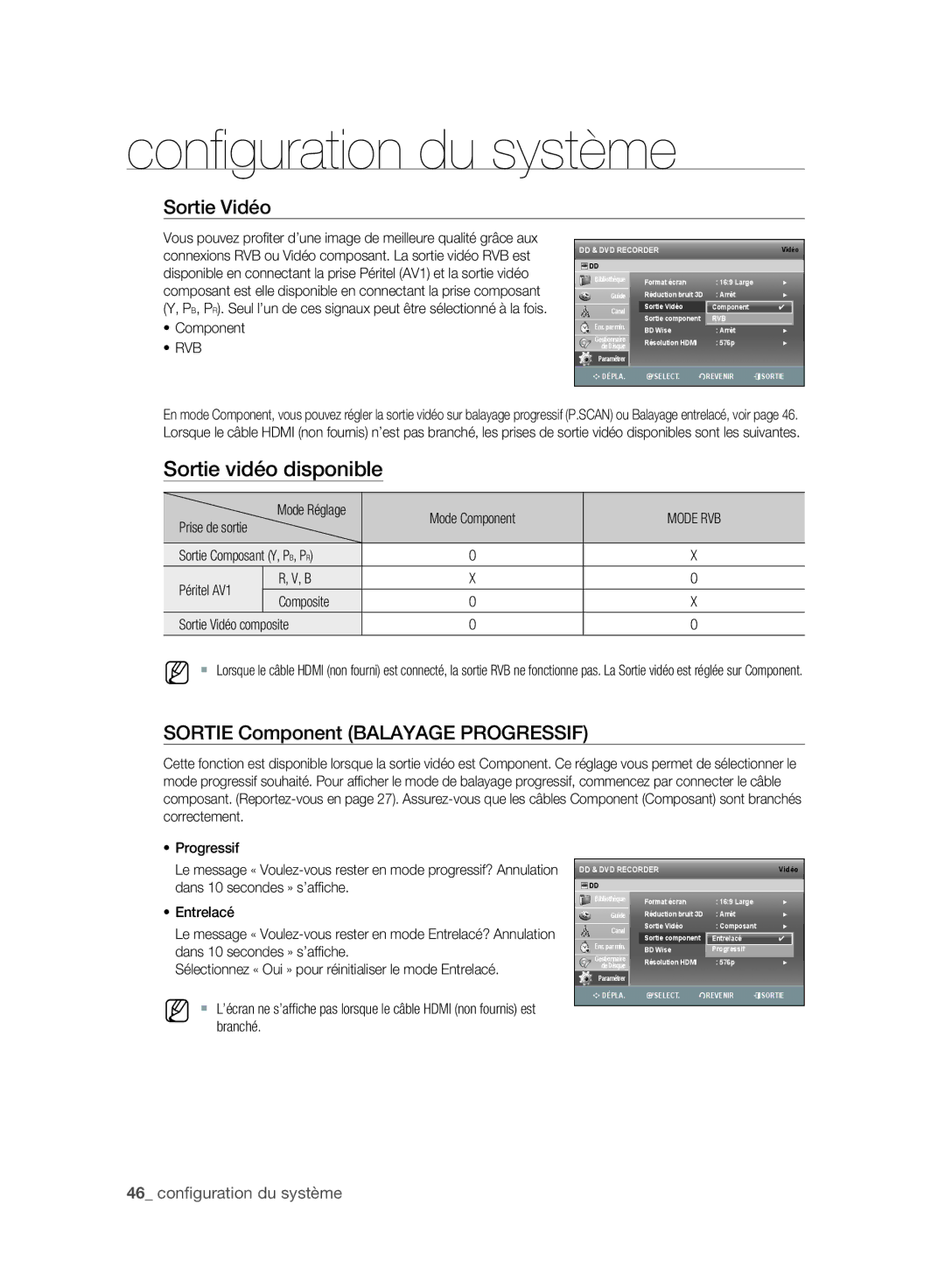 Samsung DVD-SH897/XEF, DVD-SH895/XEF, DVD-SH893/XEF manual Sortie Vidéo, Sortie Component Balayage Progressif, Rvb 