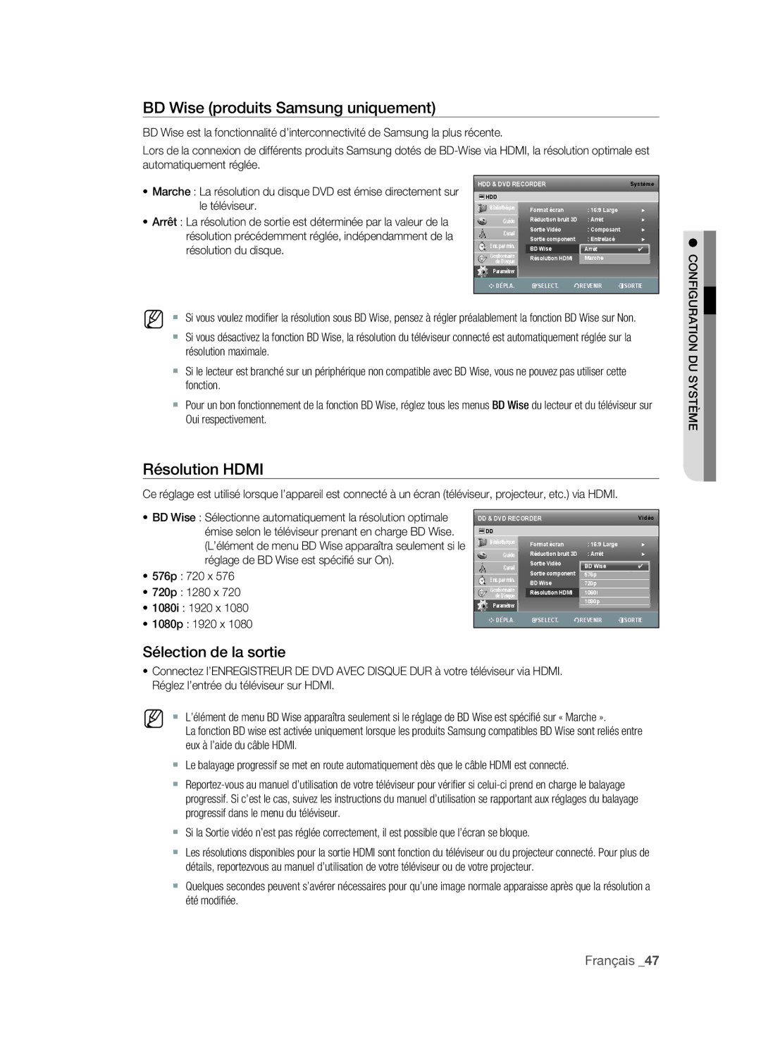 Samsung DVD-SH893/XEF, DVD-SH895/XEF manual BD Wise produits Samsung uniquement, Résolution Hdmi, Sélection de la sortie 