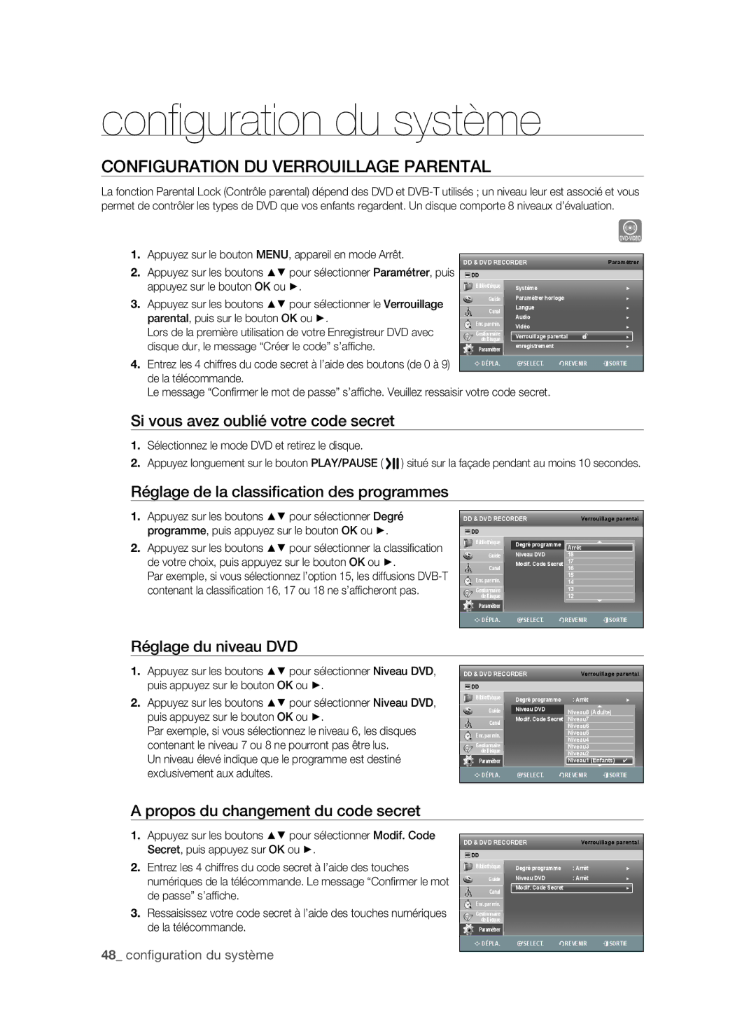 Samsung DVD-SH895/XEF Configuration DU Verrouillage Parental, Si vous avez oublié votre code secret, Réglage du niveau DVD 