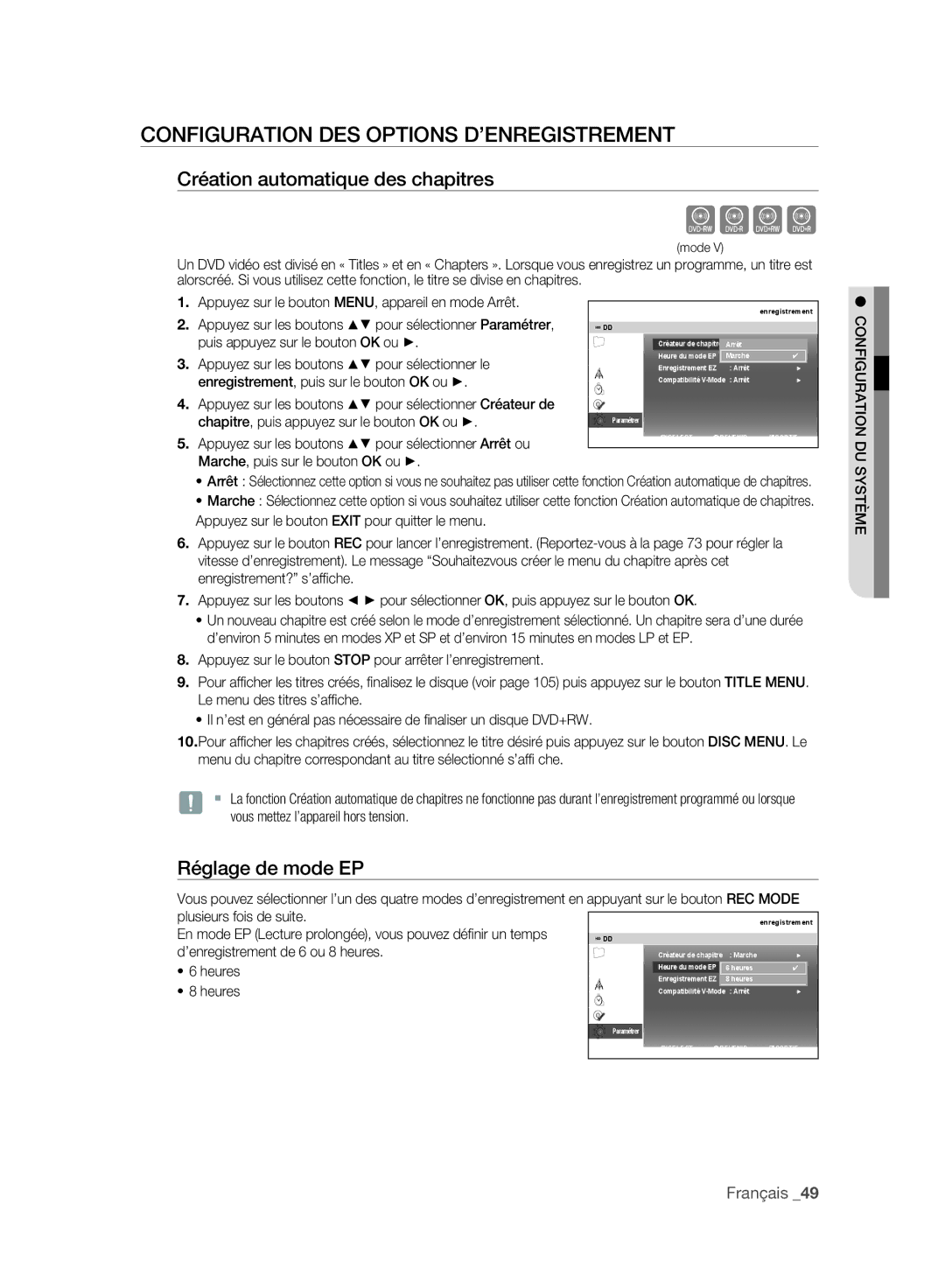 Samsung DVD-SH897/XEF, DVD-SH895/XEF Cvkl, Configuration DES Options D’ENREGISTREMENT, Création automatique des chapitres 