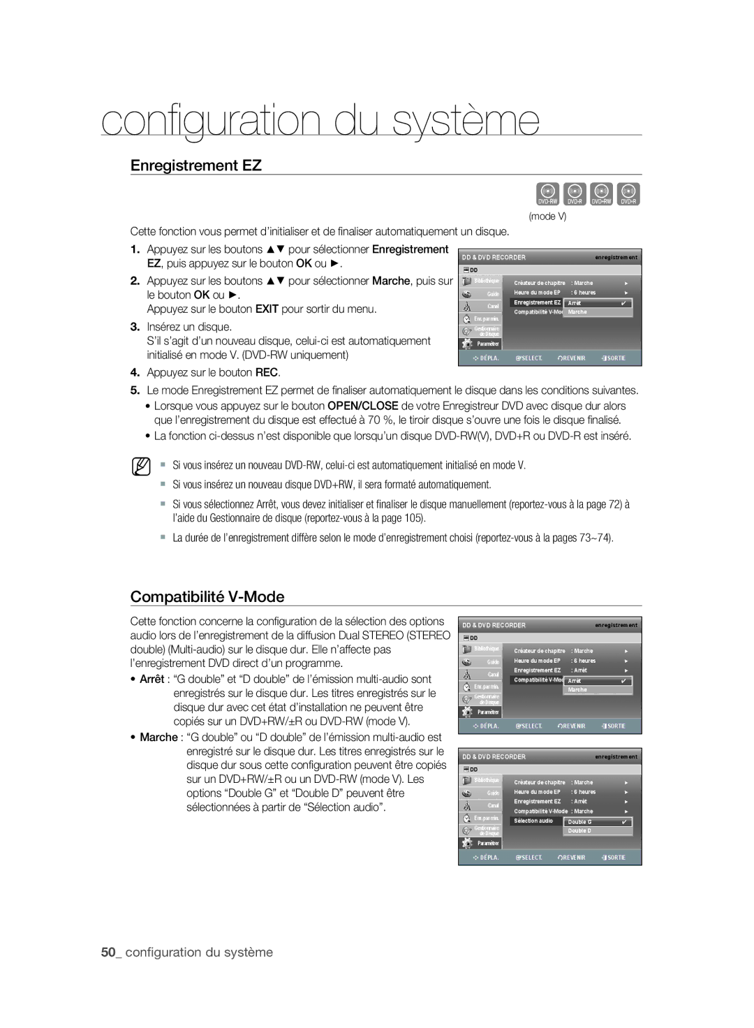 Samsung DVD-SH893/XEF, DVD-SH895/XEF, DVD-SH897/XEF manual Enregistrement EZ, Compatibilité V-Mode 