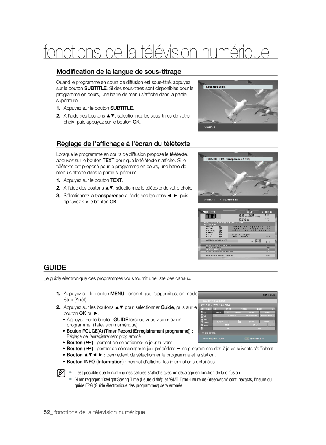 Samsung DVD-SH897/XEF manual Guide, Modiﬁcation de la langue de sous-titrage, Réglage de l’afﬁchage à l’écran du télétexte 