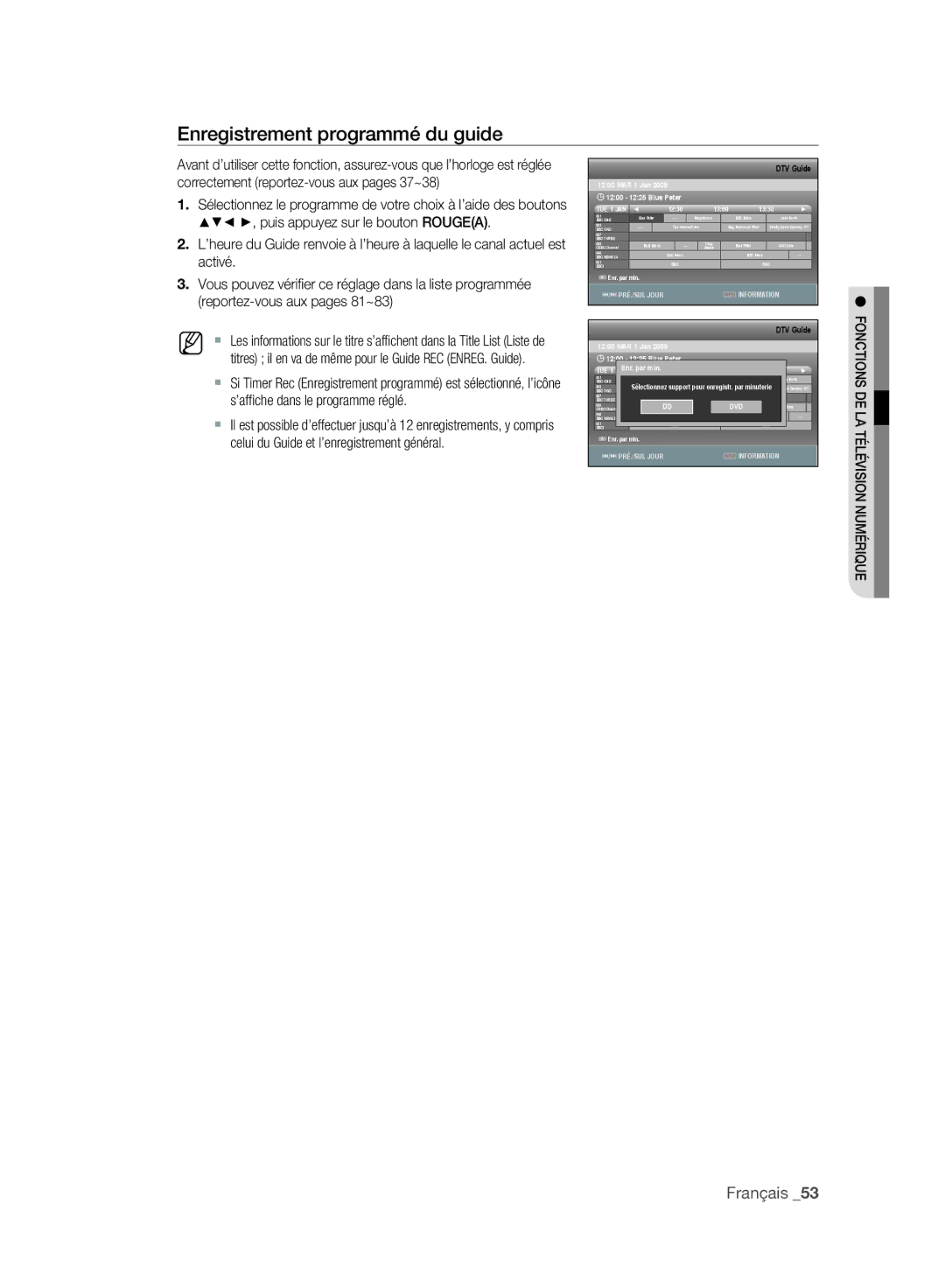 Samsung DVD-SH893/XEF, DVD-SH895/XEF, DVD-SH897/XEF manual Enregistrement programmé du guide, Dvd 