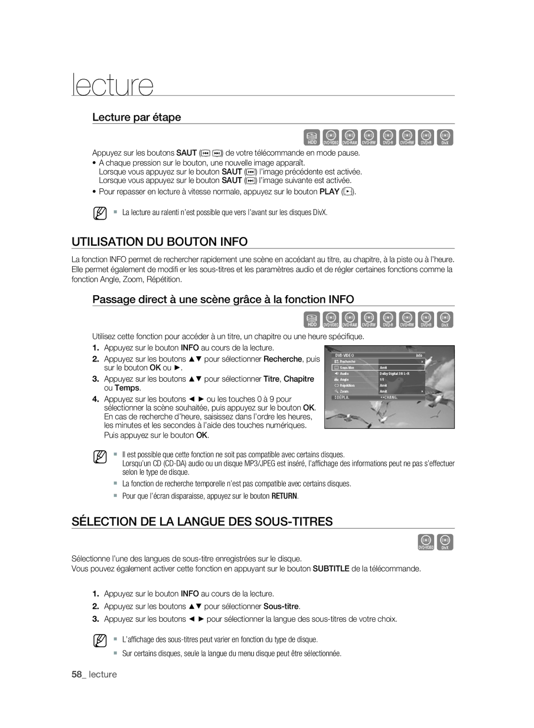 Samsung DVD-SH897/XEF, DVD-SH895/XEF Utilisation DU Bouton Info, Sélection DE LA Langue DES SOUS-TITRES, Lecture par étape 