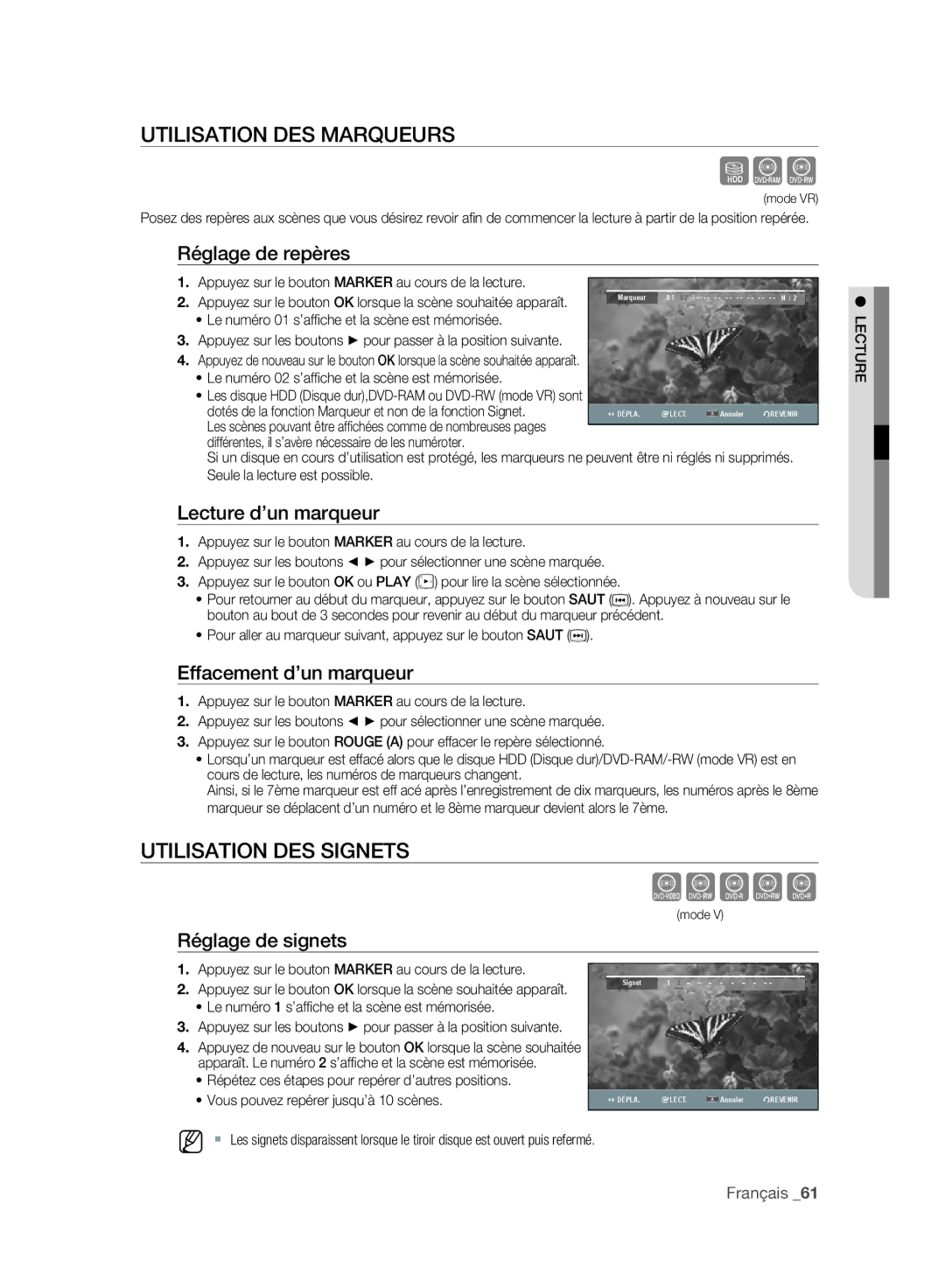 Samsung DVD-SH897/XEF, DVD-SH895/XEF, DVD-SH893/XEF manual Sxc, Zcvkl, Utilisation DES Marqueurs, Utilisation DES Signets 