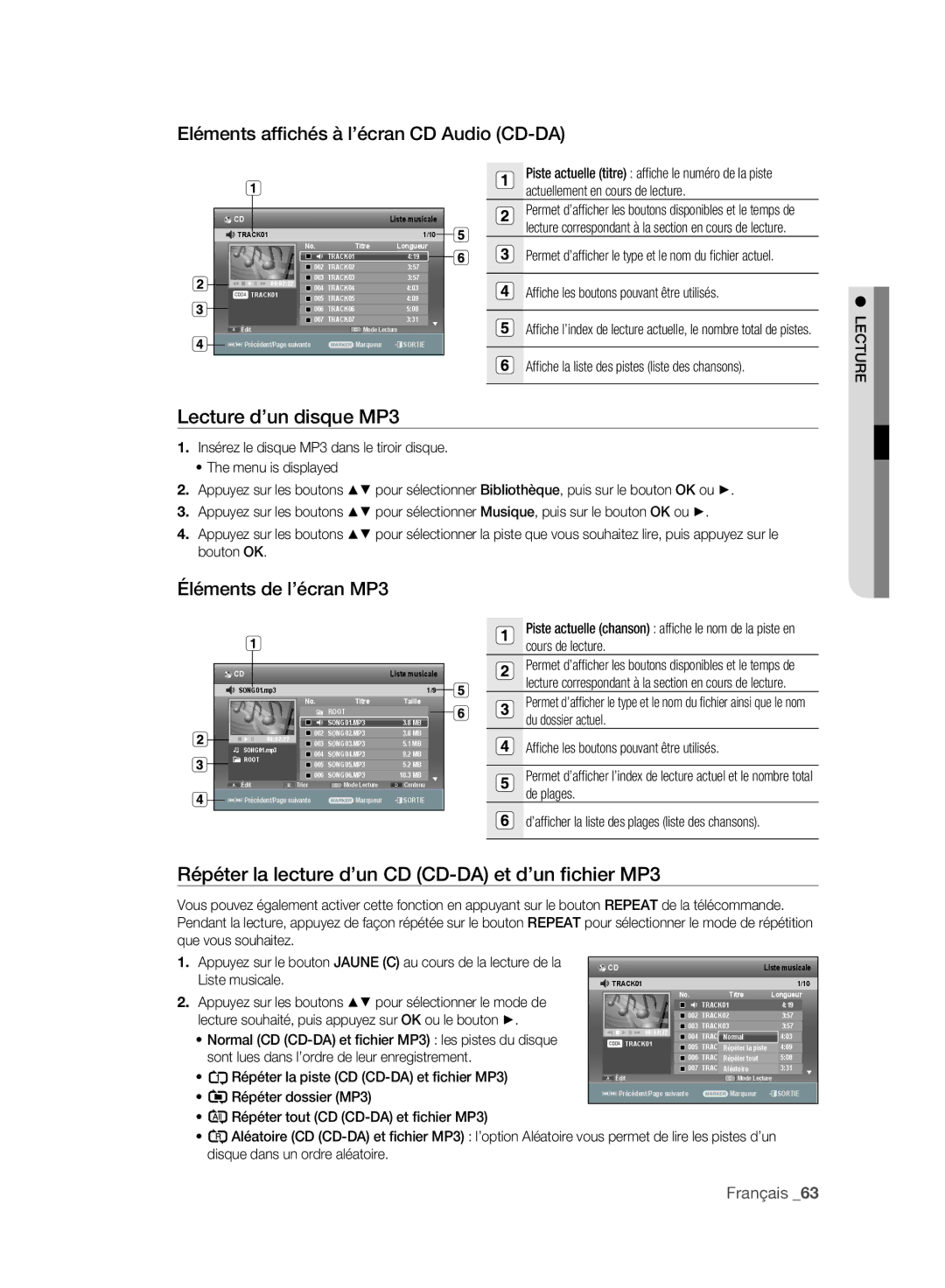 Samsung DVD-SH895/XEF manual Eléments afﬁchés à l’écran CD Audio CD-DA, Lecture d’un disque MP3, Éléments de l’écran MP3 