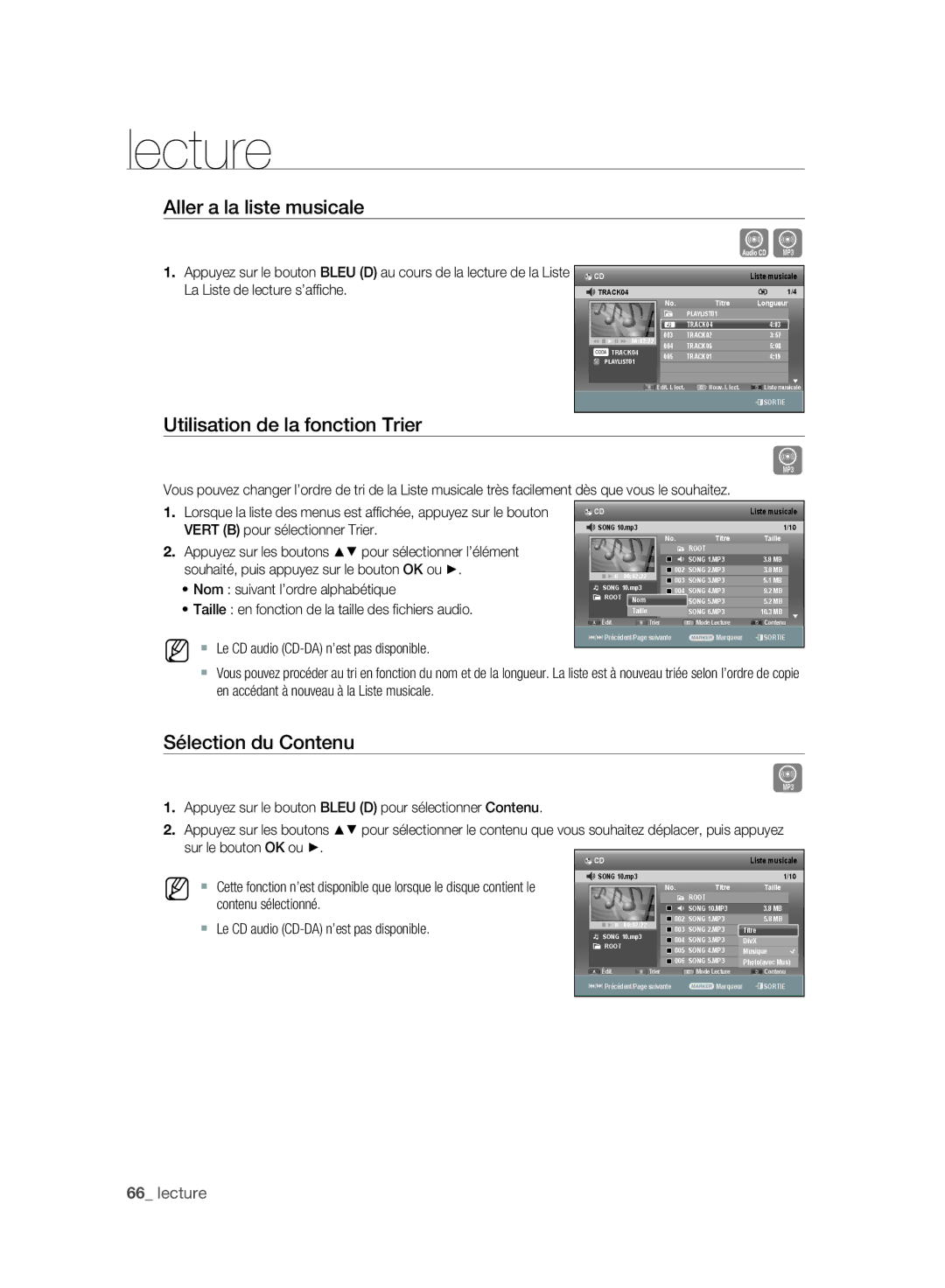 Samsung DVD-SH895/XEF, DVD-SH897/XEF Aller a la liste musicale, Utilisation de la fonction Trier, Sélection du Contenu 