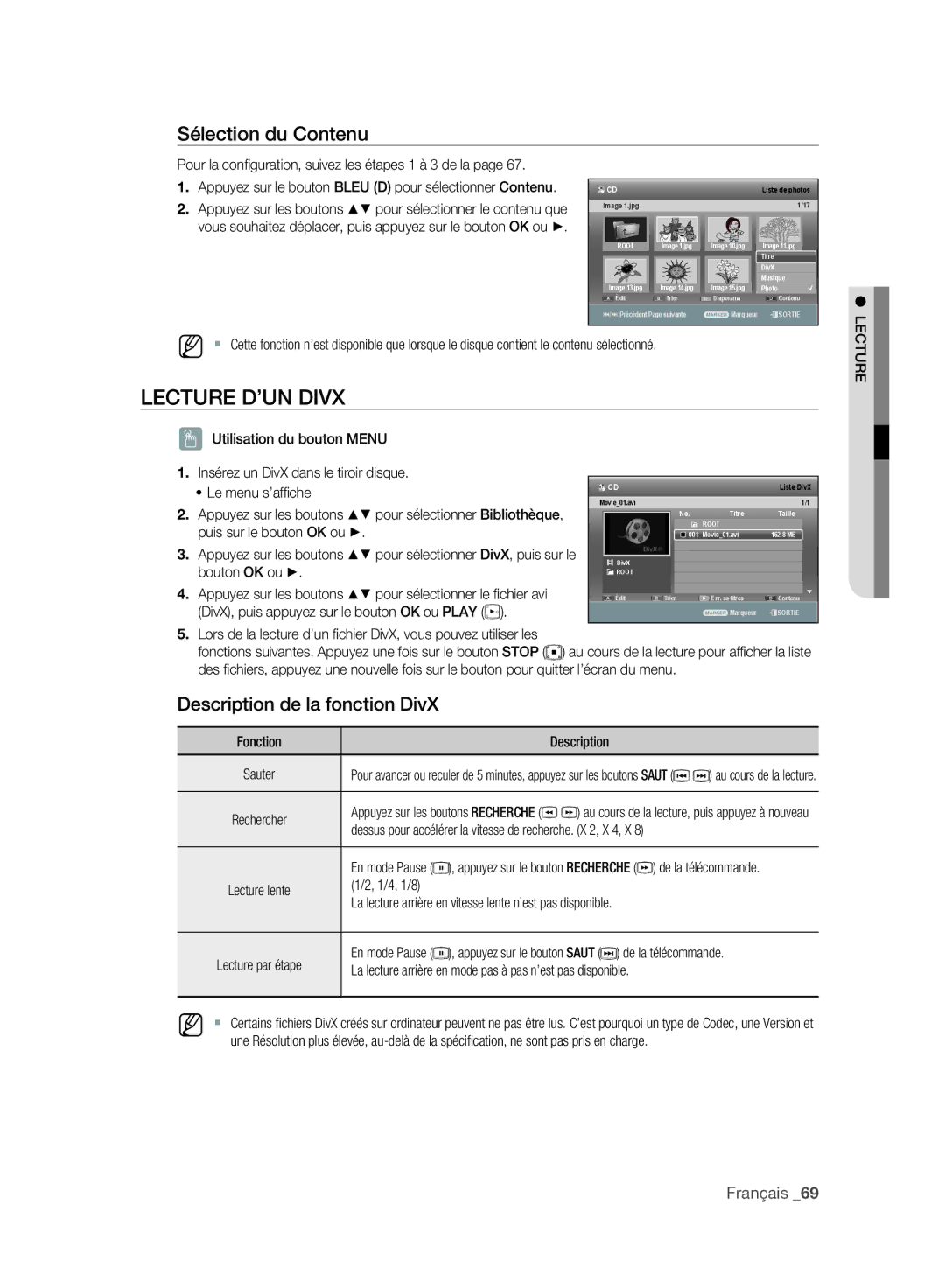 Samsung DVD-SH895/XEF, DVD-SH897/XEF, DVD-SH893/XEF manual Lecture D’UN Divx, Description de la fonction DivX 