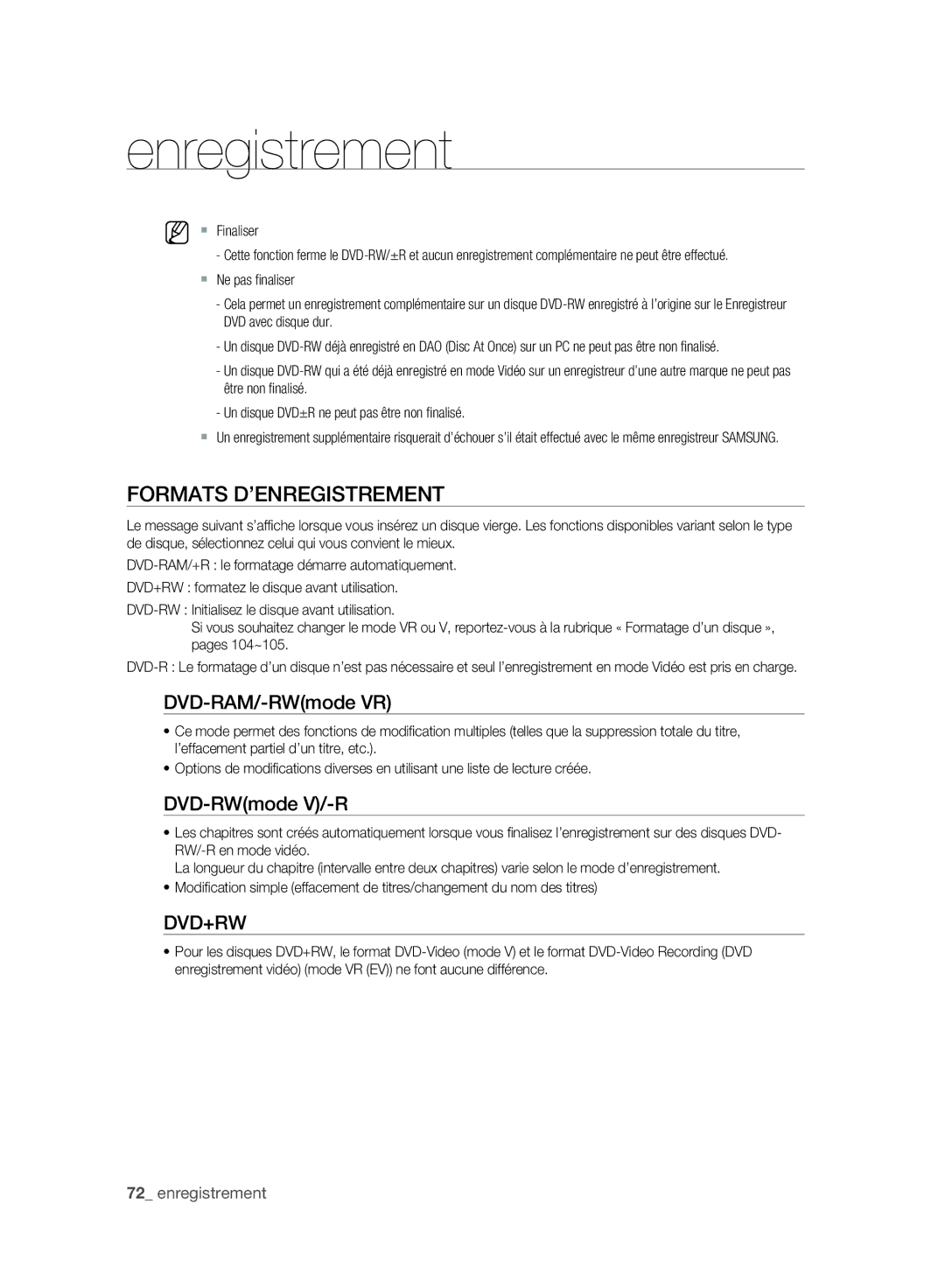 Samsung DVD-SH895/XEF, DVD-SH897/XEF, DVD-SH893/XEF manual Formats D’ENREGISTREMENT, DVD-RAM/-RWmode VR, DVD-RWmode V/-R 