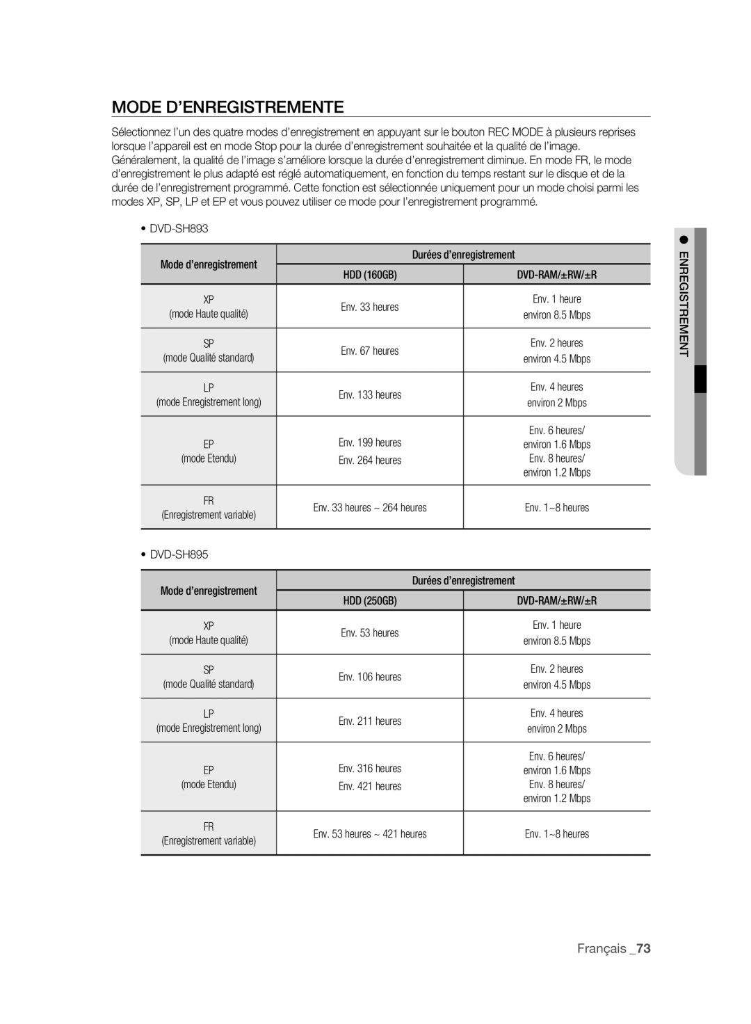 Samsung DVD-SH897/XEF, DVD-SH895/XEF, DVD-SH893/XEF manual Mode D’ENREGISTREMENTE, Mode d’enregistrement 