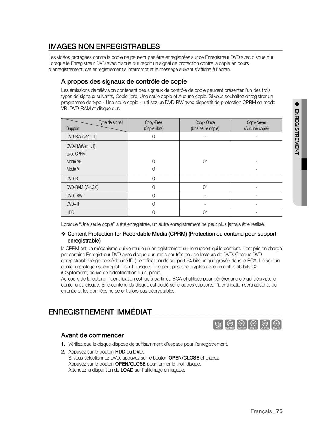 Samsung DVD-SH895/XEF manual Images NON Enregistrables, Enregistrement Immédiat, Propos des signaux de contrôle de copie 