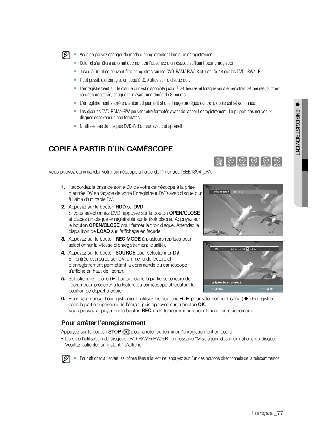 Samsung DVD-SH893/XEF manual Copie À Partir D’UN Caméscope, ’aide d’un câble DV Appuyez sur le bouton HDD ou DVD, Dépla 