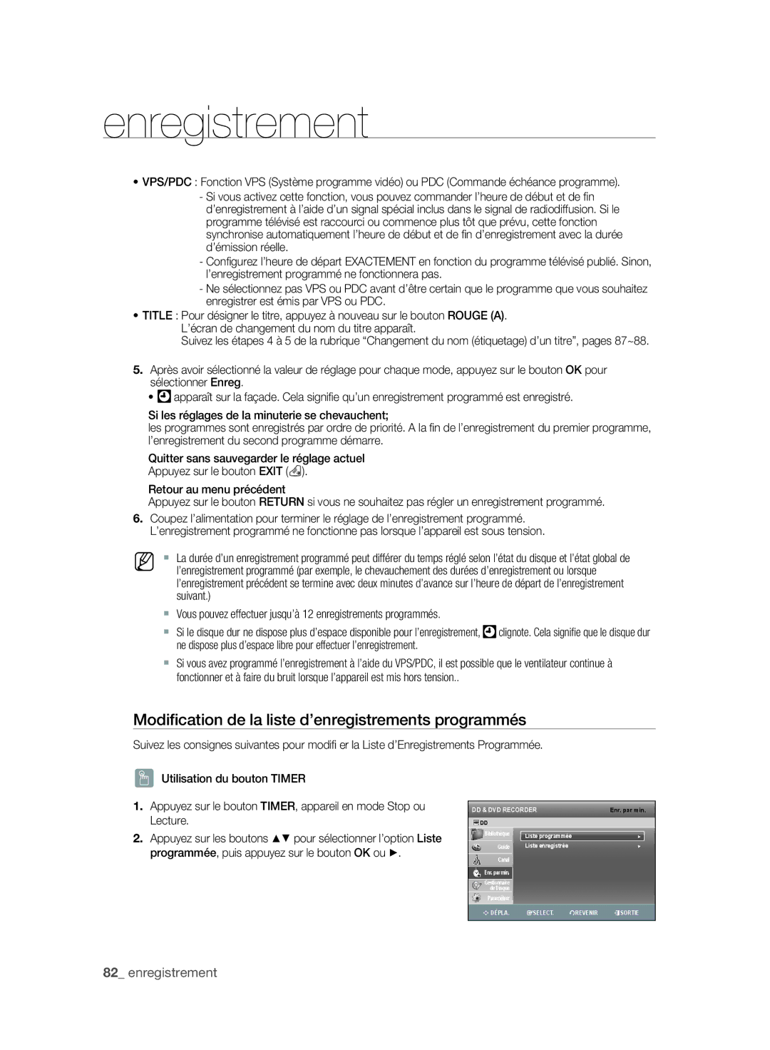 Samsung DVD-SH897/XEF, DVD-SH895/XEF, DVD-SH893/XEF manual Modiﬁcation de la liste d’enregistrements programmés, Lecture 