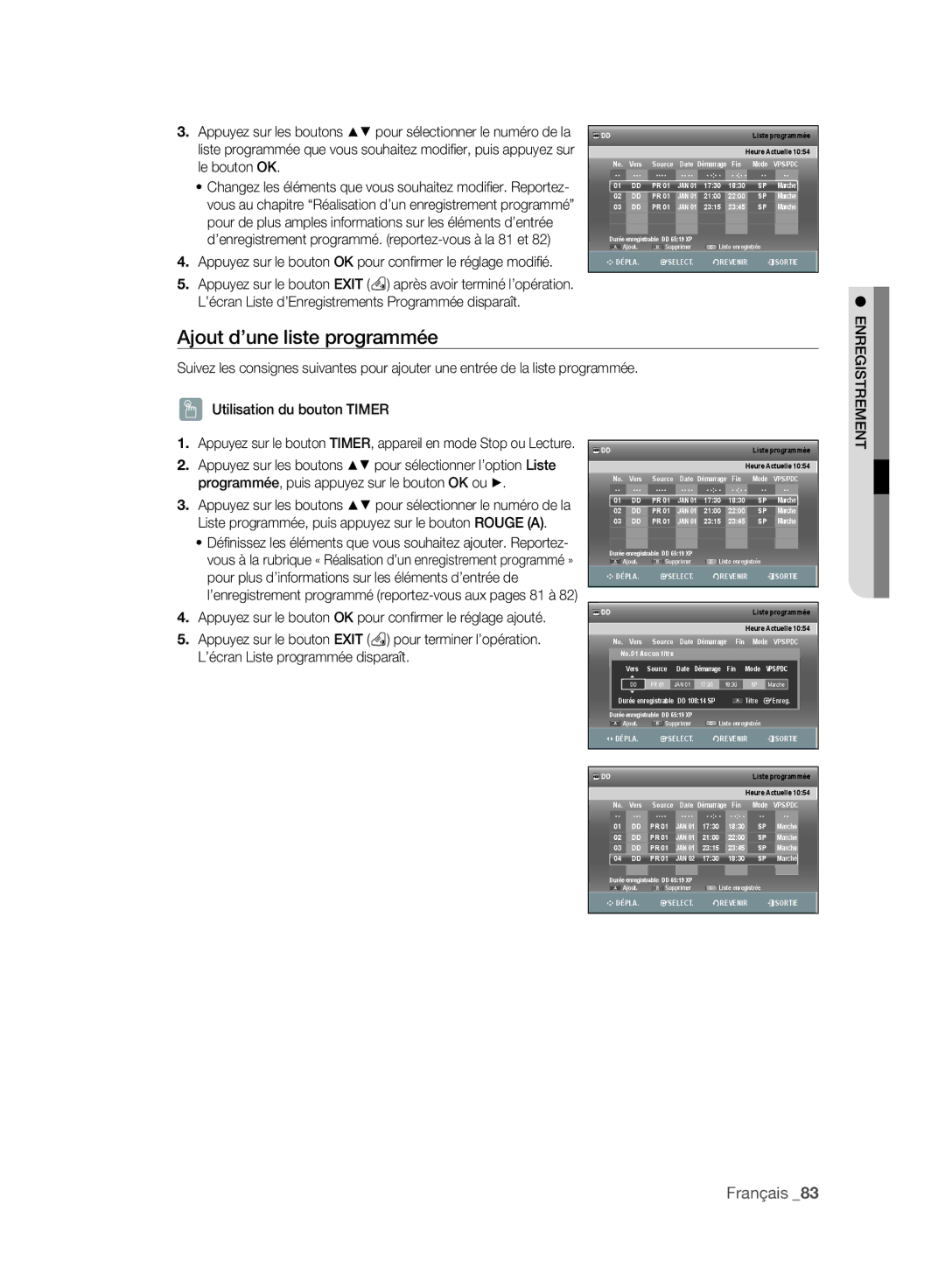 Samsung DVD-SH893/XEF, DVD-SH895/XEF Ajout d’une liste programmée, Pour plus d’informations sur les éléments d’entrée de 