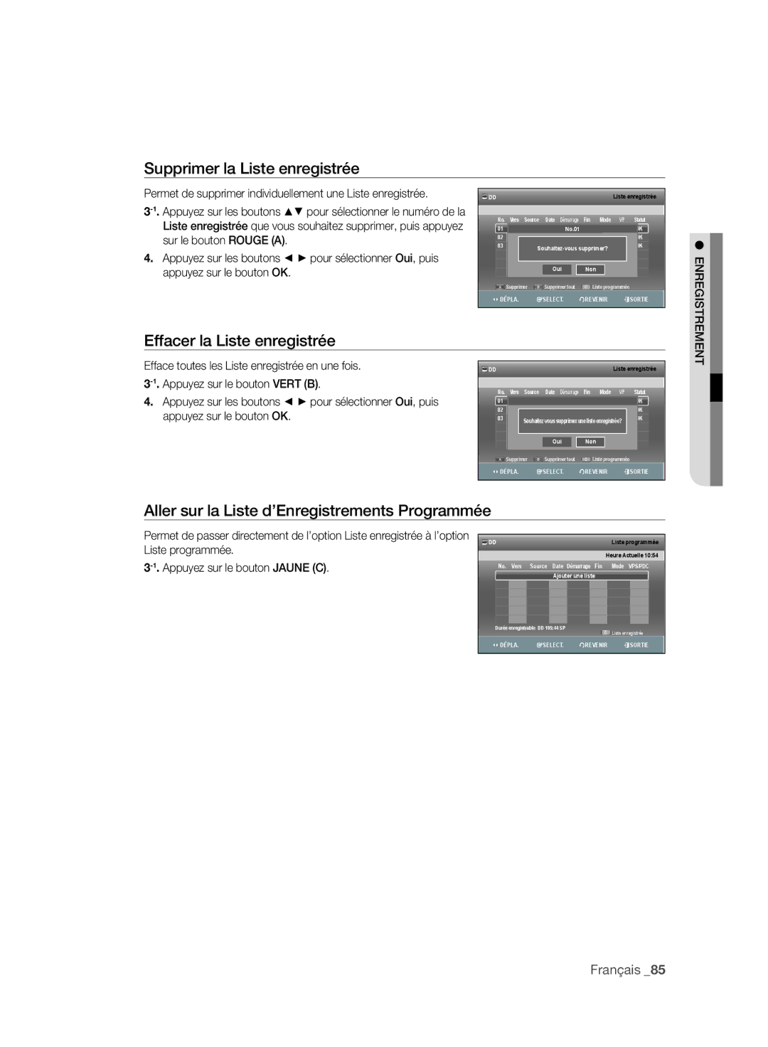 Samsung DVD-SH897/XEF, DVD-SH895/XEF manual Supprimer la Liste enregistrée, Effacer la Liste enregistrée, Liste programmée 