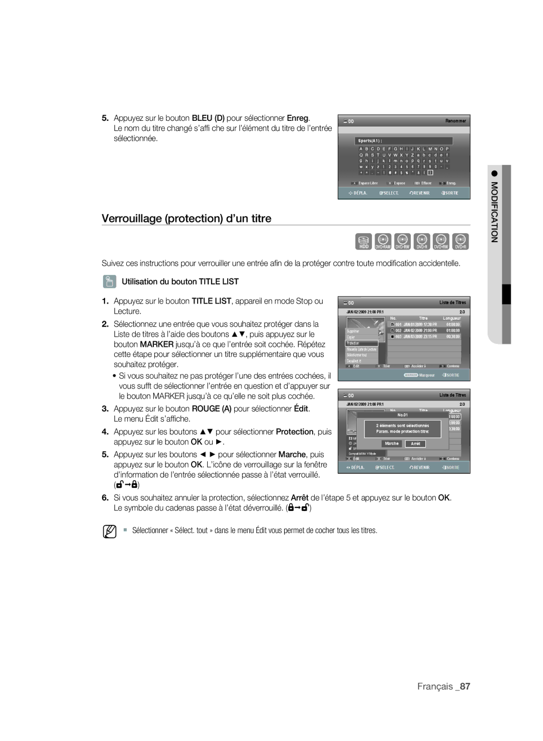 Samsung DVD-SH895/XEF, DVD-SH897/XEF, DVD-SH893/XEF manual Verrouillage protection d’un titre, Sélectionnée, Modification 