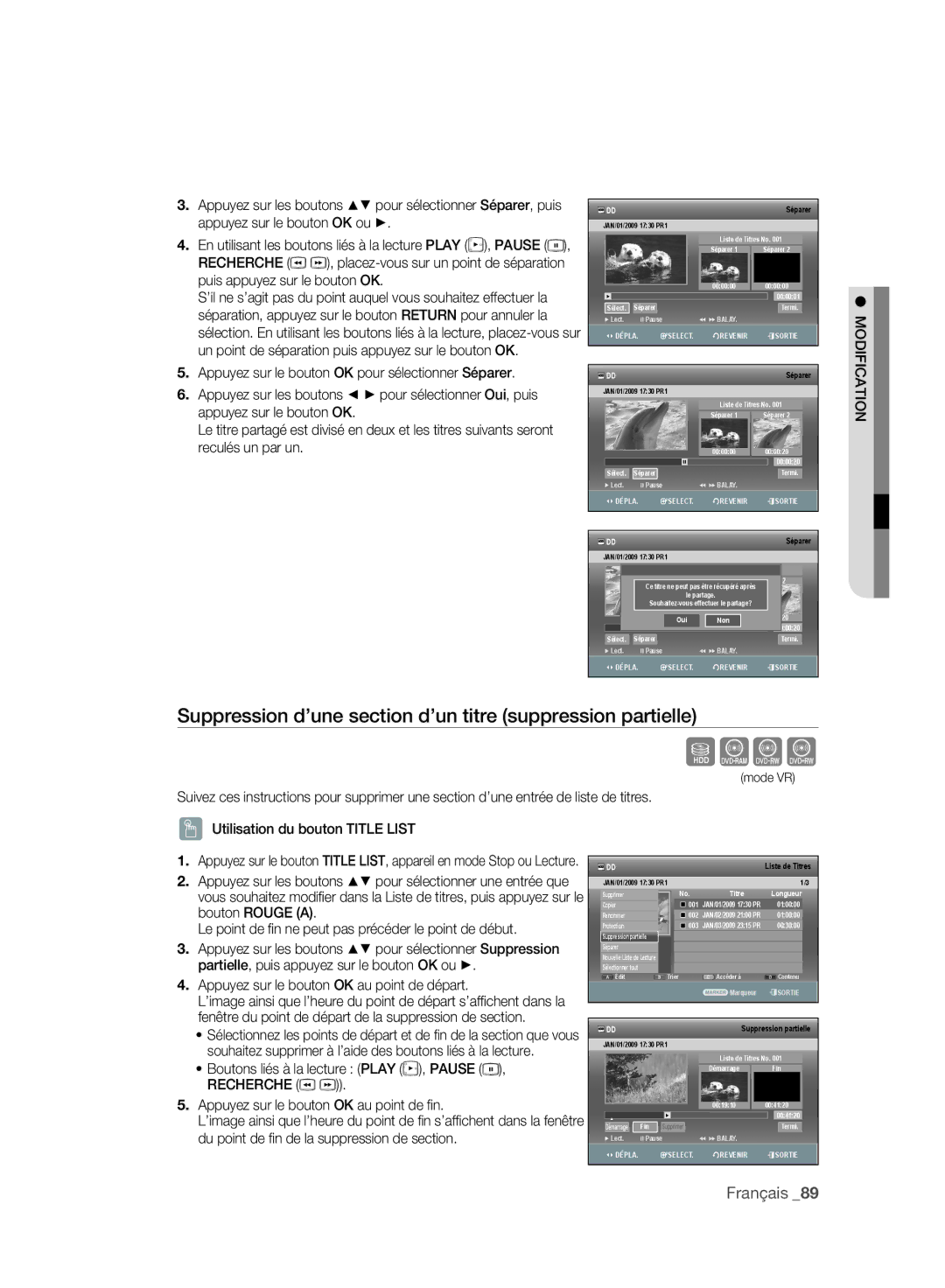 Samsung DVD-SH893/XEF, DVD-SH895/XEF, DVD-SH897/XEF manual Sxck, Suppression d’une section d’un titre suppression partielle 