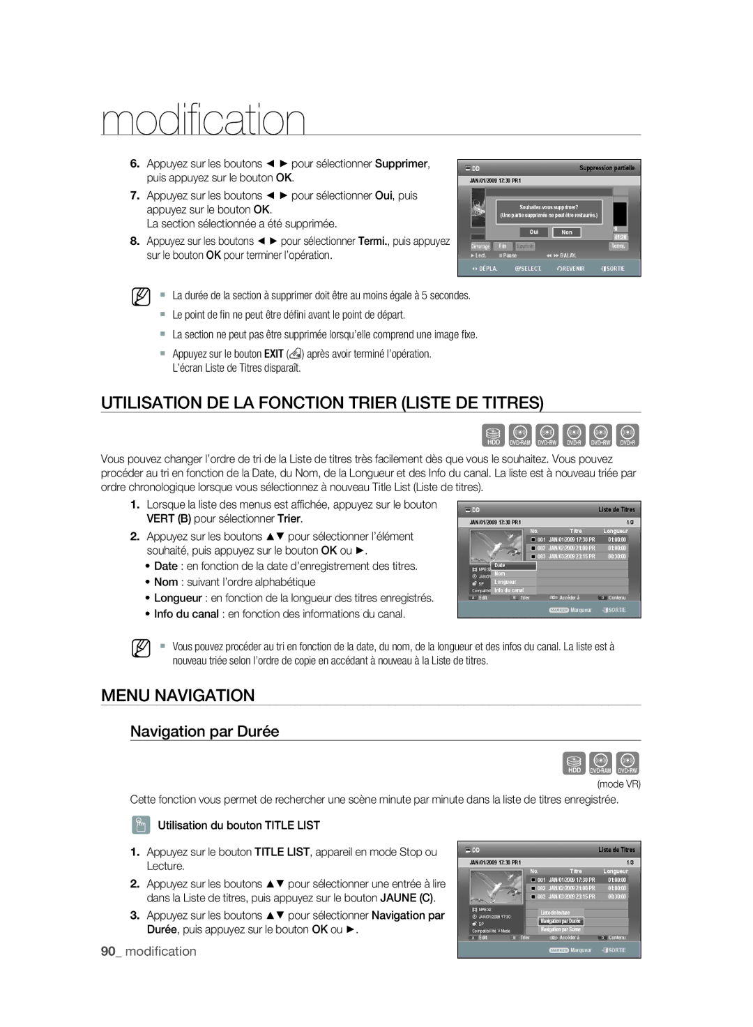 Samsung DVD-SH895/XEF manual Utilisation DE LA Fonction Trier Liste DE Titres, Menu Navigation, Navigation par Durée 