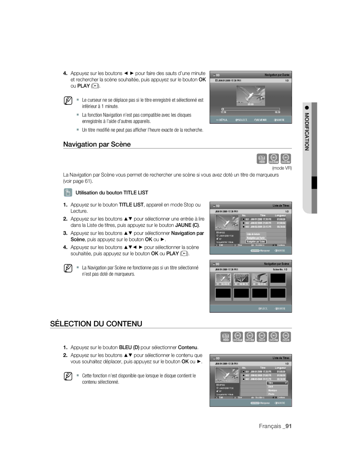 Samsung DVD-SH897/XEF, DVD-SH895/XEF Sélection DU Contenu, Navigation par Scène, Scène, puis appuyez sur le bouton OK ou 