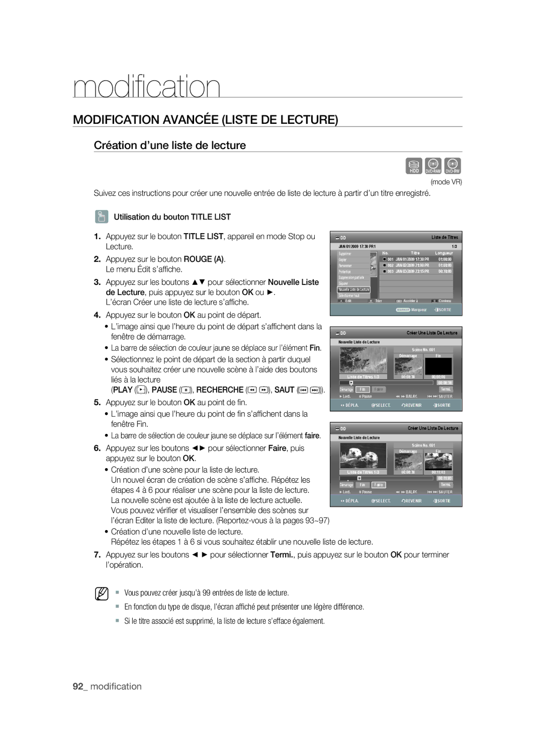 Samsung DVD-SH893/XEF manual Modification Avancée Liste DE Lecture, Création d’une liste de lecture, Liés à la lecture 