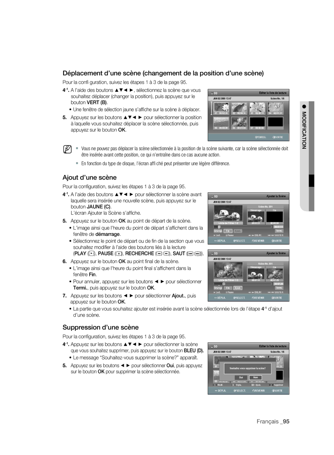 Samsung DVD-SH893/XEF Ajout d’une scène, Suppression d’une scène, Pour la conﬁ guration, suivez les étapes 1 à 3 de la 