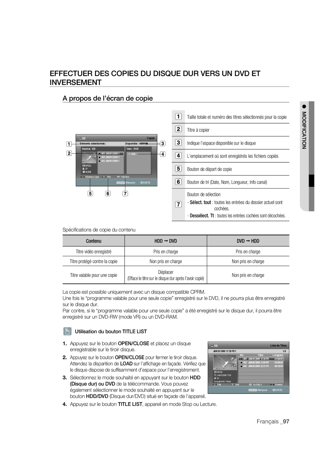 Samsung DVD-SH897/XEF, DVD-SH895/XEF Propos de l’écran de copie, Titre à copier Indique l’espace disponible sur le disque 