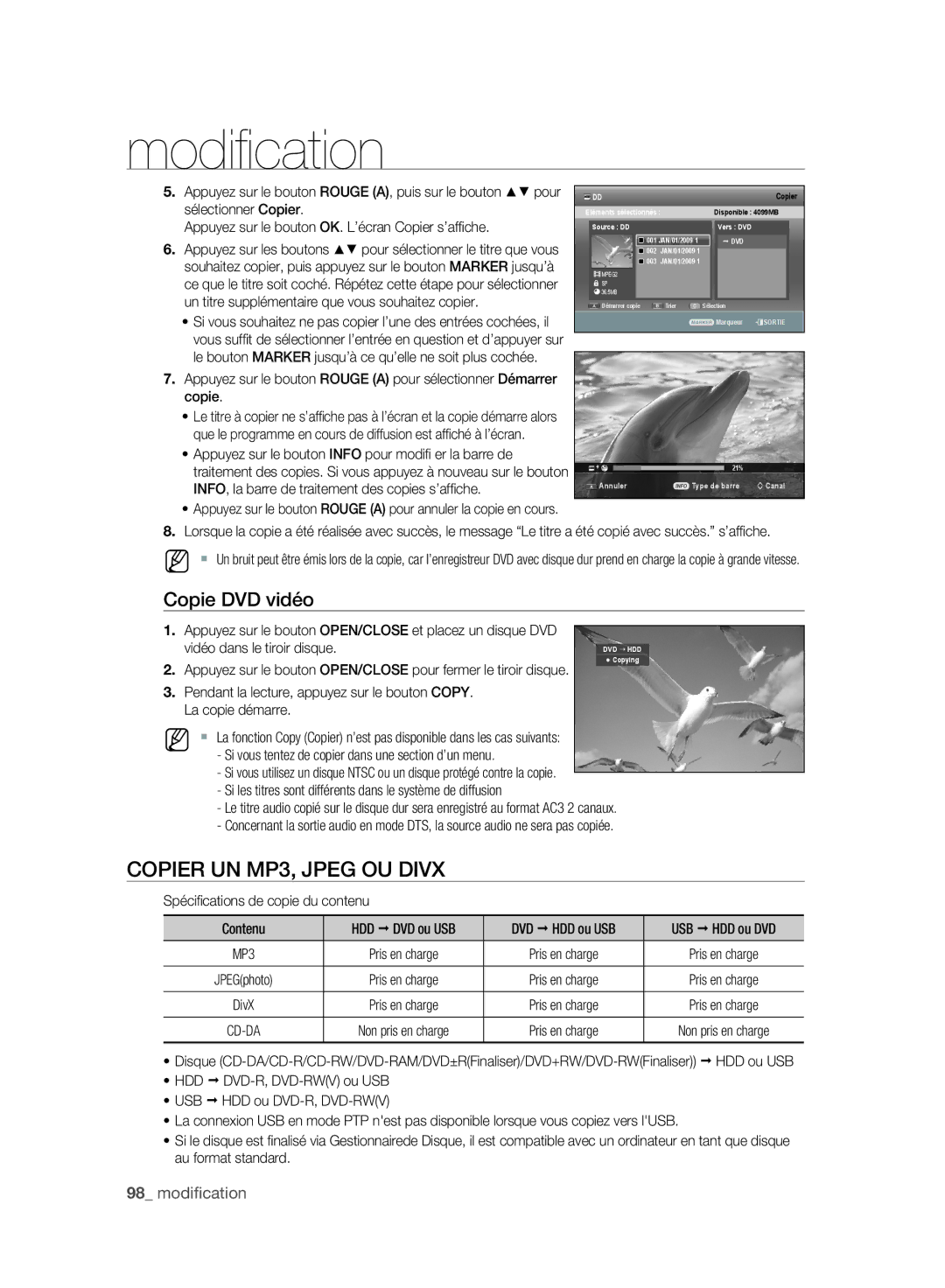 Samsung DVD-SH893/XEF, DVD-SH895/XEF, DVD-SH897/XEF manual Copier UN MP3, Jpeg OU Divx, Copie DVD vidéo, Sélectionner Copier 