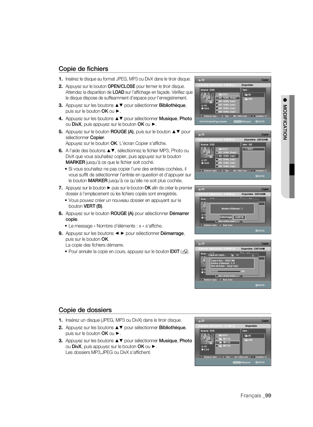 Samsung DVD-SH895/XEF, DVD-SH897/XEF, DVD-SH893/XEF manual Copie de ﬁchiers, Copie de dossiers 