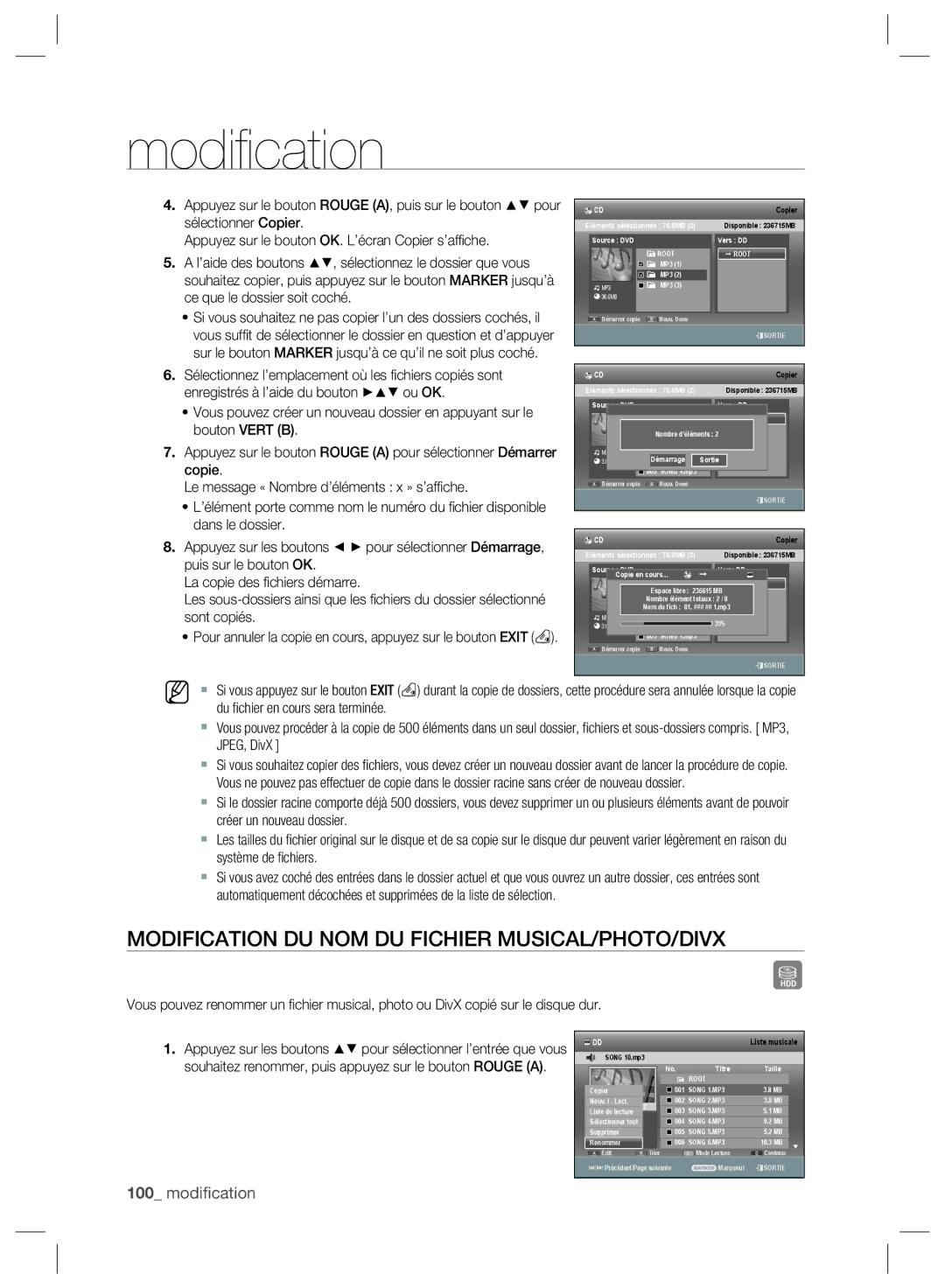 Samsung DVD-SH897/XEF, DVD-SH895/XEF Modification DU NOM DU Fichier MUSICAL/PHOTO/DIVX, Enregistrés à l’aide du bouton 