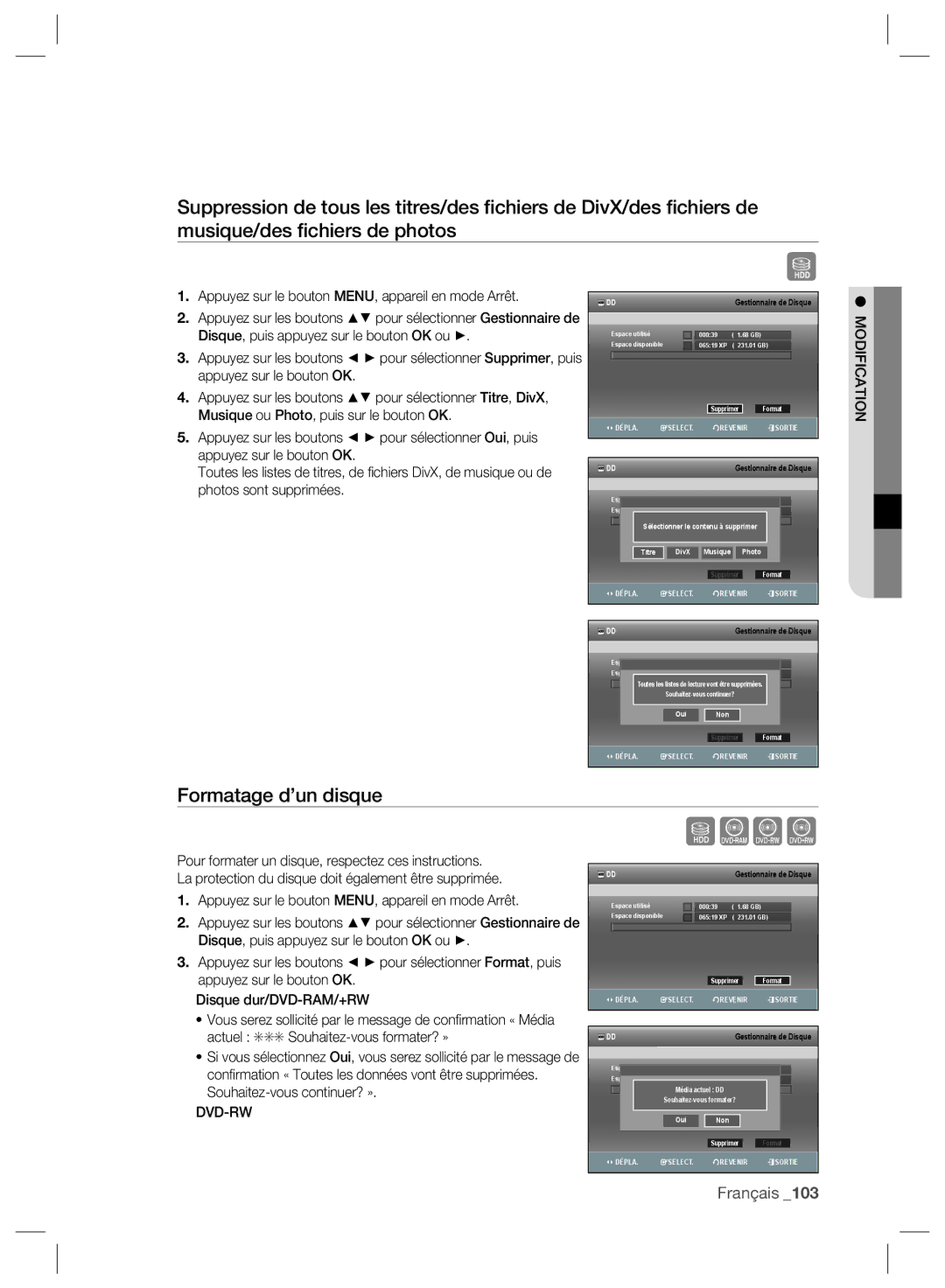 Samsung DVD-SH897/XEF, DVD-SH895/XEF, DVD-SH893/XEF Formatage d’un disque, Disque, puis appuyez sur le bouton OK ou, Dvd-Rw 