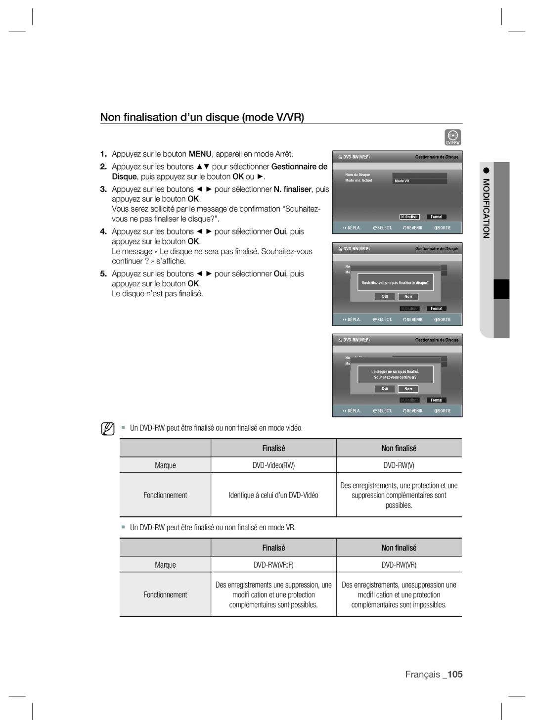 Samsung DVD-SH895/XEF, DVD-SH897/XEF, DVD-SH893/XEF manual Non ﬁnalisation d’un disque mode V/VR, Dvd-Rwvrf 