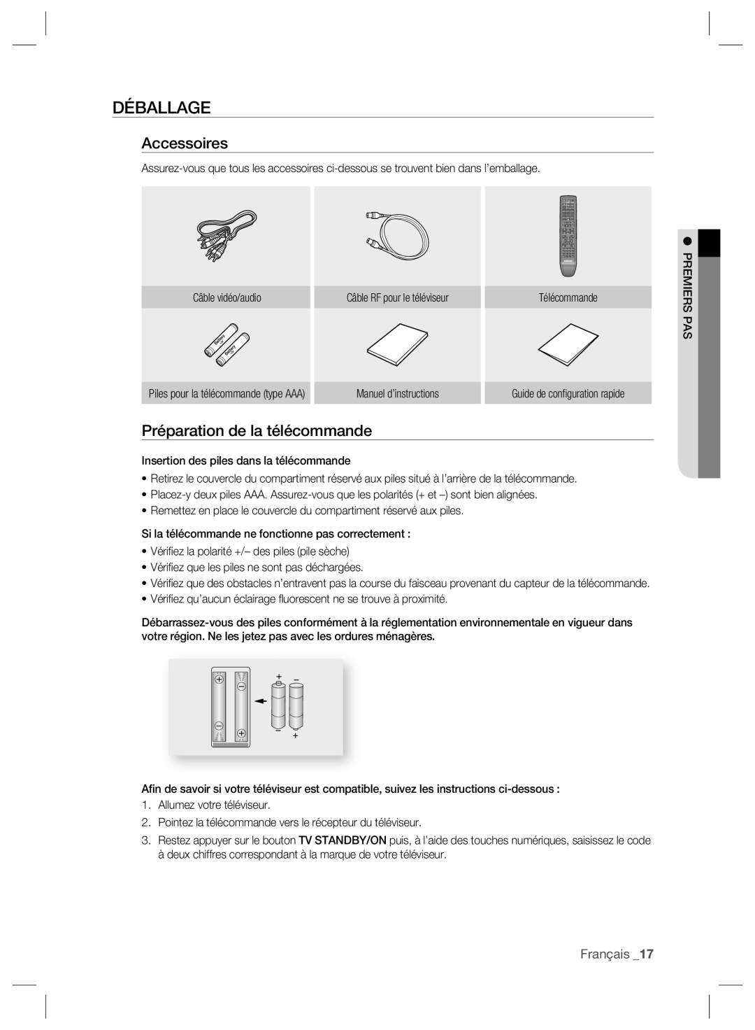 Samsung DVD-SH893/XEF, DVD-SH895/XEF manual Déballage, Accessoires, Préparation de la télécommande, Manuel d’instructions 