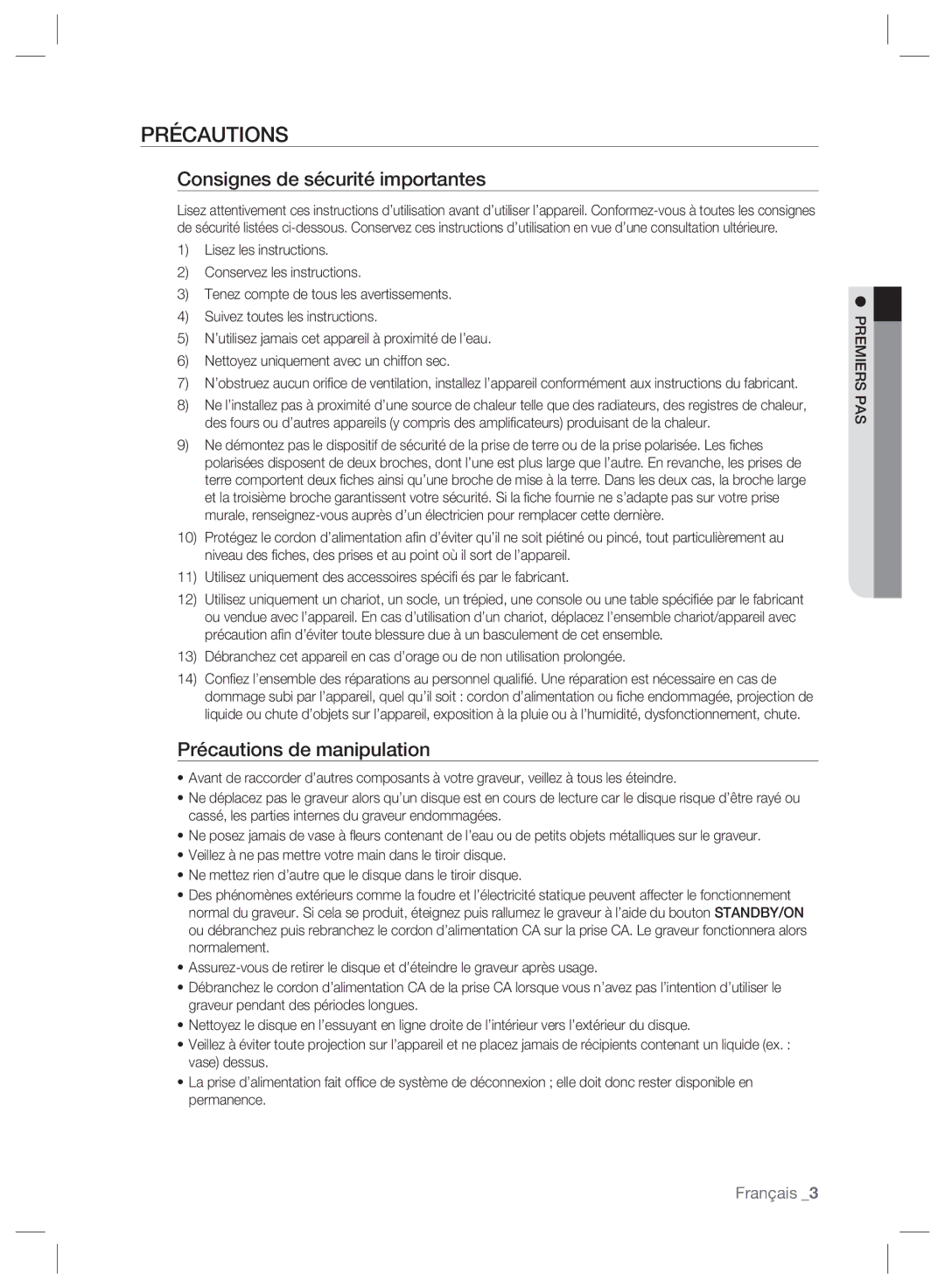 Samsung DVD-SH895/XEF, DVD-SH897/XEF manual Consignes de sécurité importantes, Précautions de manipulation, Premiers PAS 