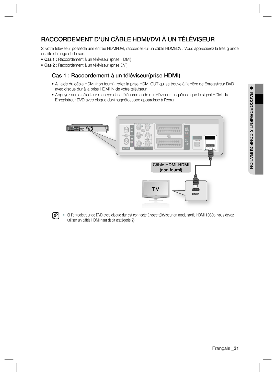 Samsung DVD-SH897/XEF manual Raccordement D’UN Câble HDMI/DVI À UN Téléviseur, Cas 1 Raccordement à un téléviseurprise Hdmi 