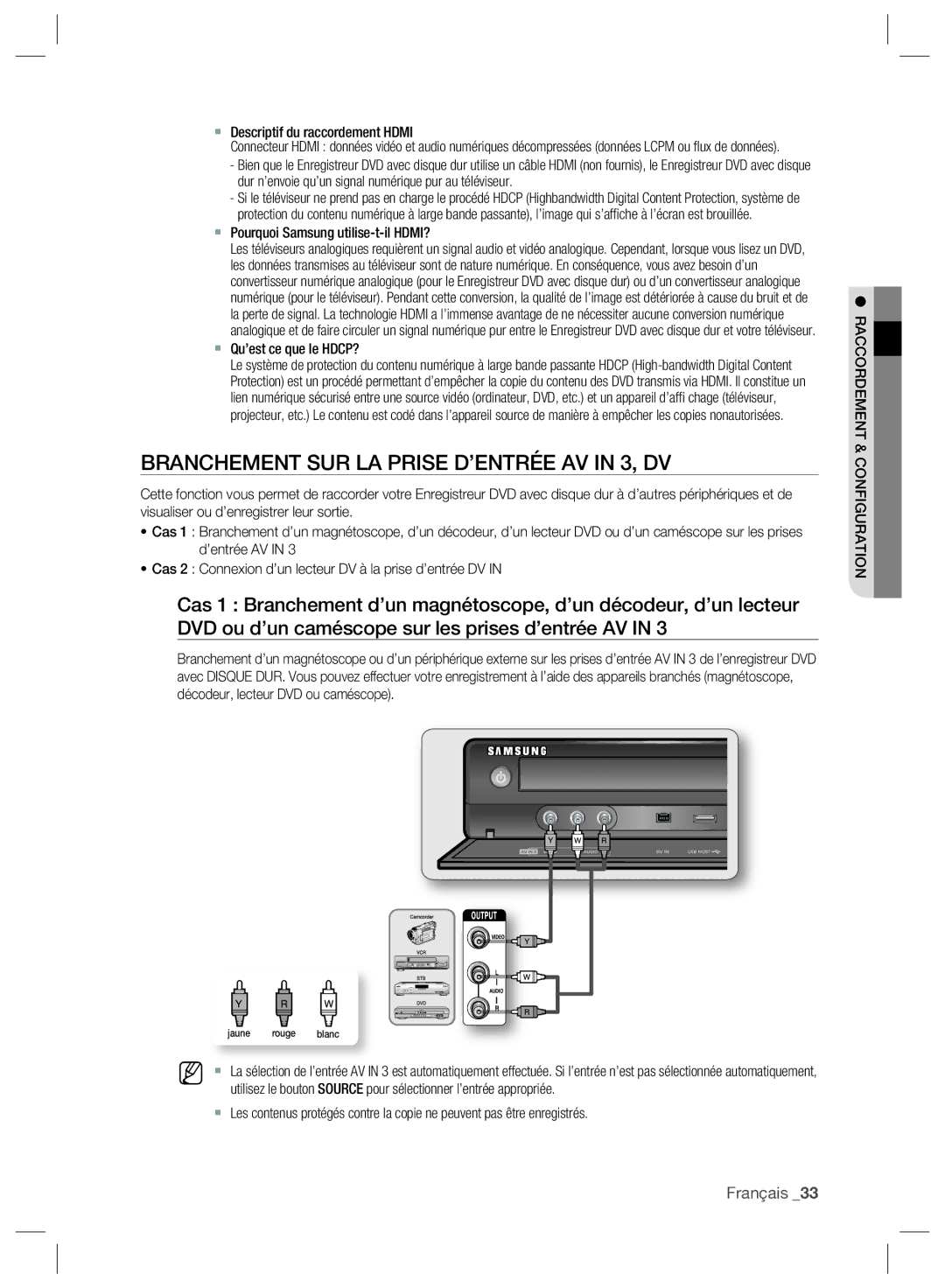 Samsung DVD-SH895/XEF, DVD-SH897/XEF manual Branchement SUR LA Prise D’ENTRÉE AV in 3, DV,  Descriptif du raccordement Hdmi 