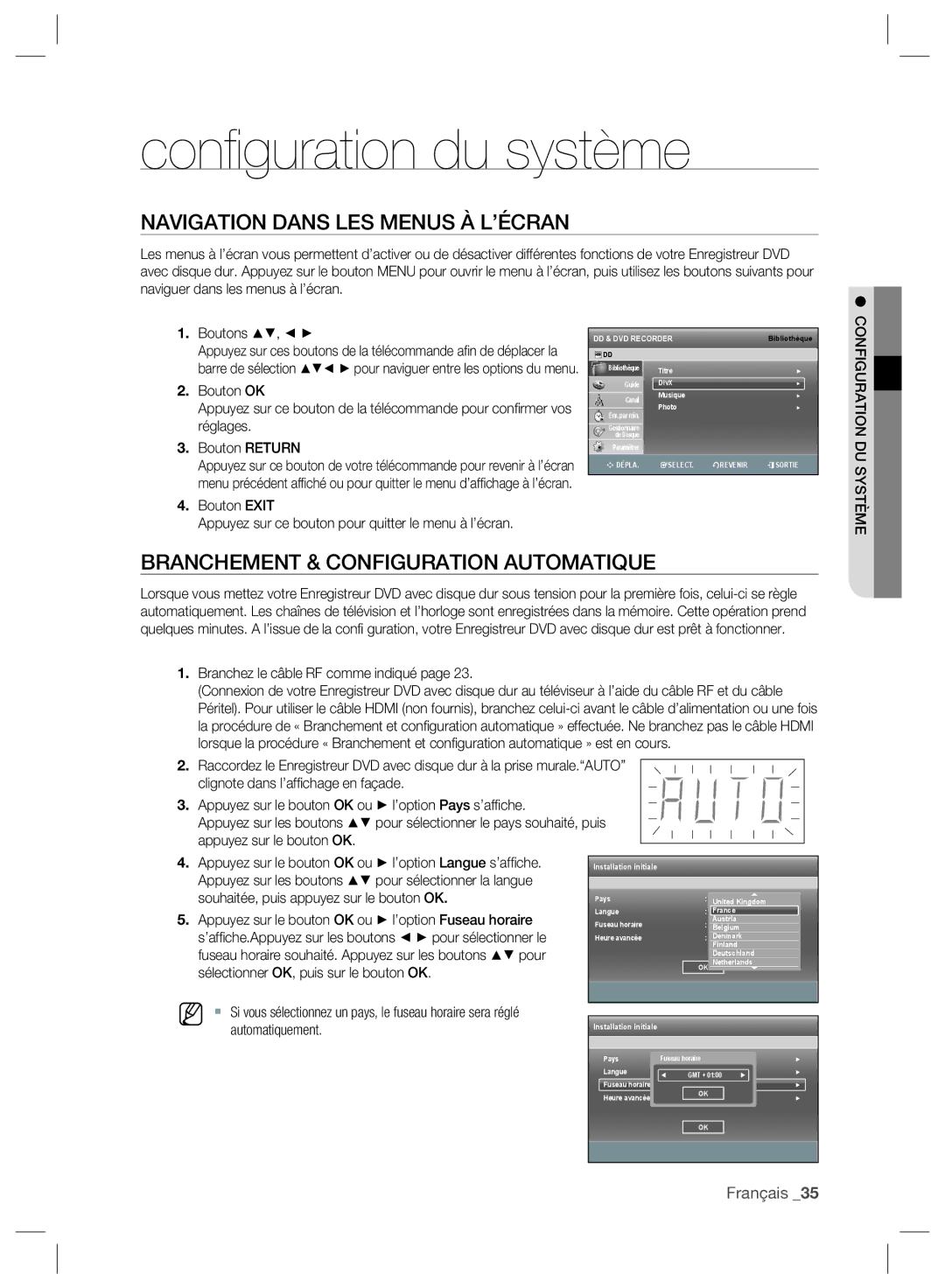 Samsung DVD-SH893/XEF Navigation Dans LES Menus À L’ÉCRAN, Branchement & Configuration Automatique, Bouton Return, Système 