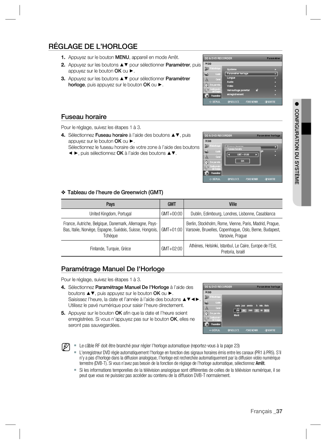 Samsung DVD-SH897/XEF manual Réglage DE L’HORLOGE, Fuseau horaire, Paramétrage Manuel De IHorloge, Seront pas sauvegardées 