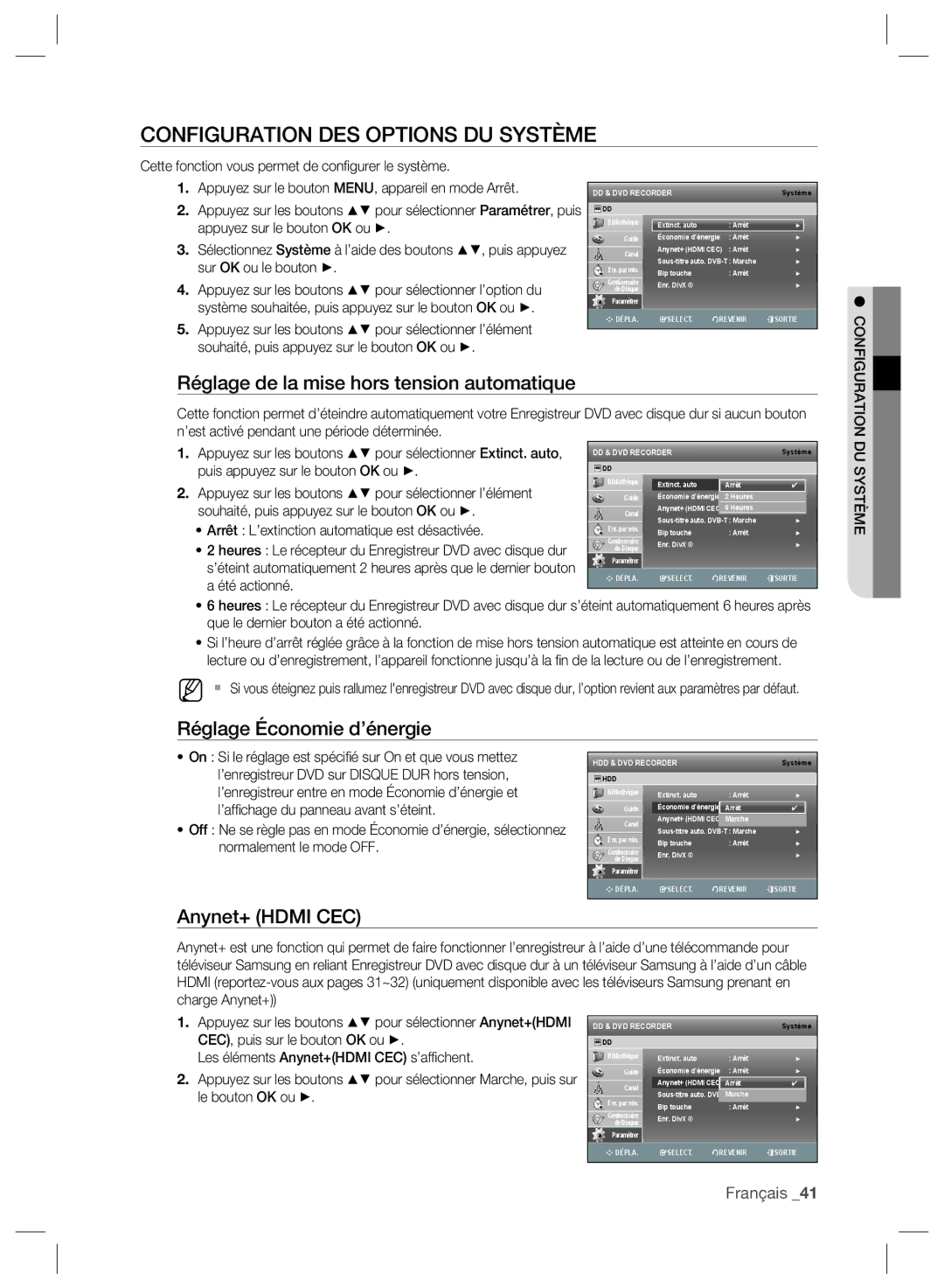 Samsung DVD-SH893/XEF Configuration DES Options DU Système, Réglage de la mise hors tension automatique, Anynet+ Hdmi CEC 